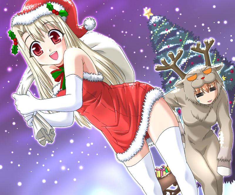 illyasviel von einzbern, fate/stay night, fate (series), 00s, christmas, christmas tree, elbow gloves, gloves, red eyes, santa costume, snow, thighhighs