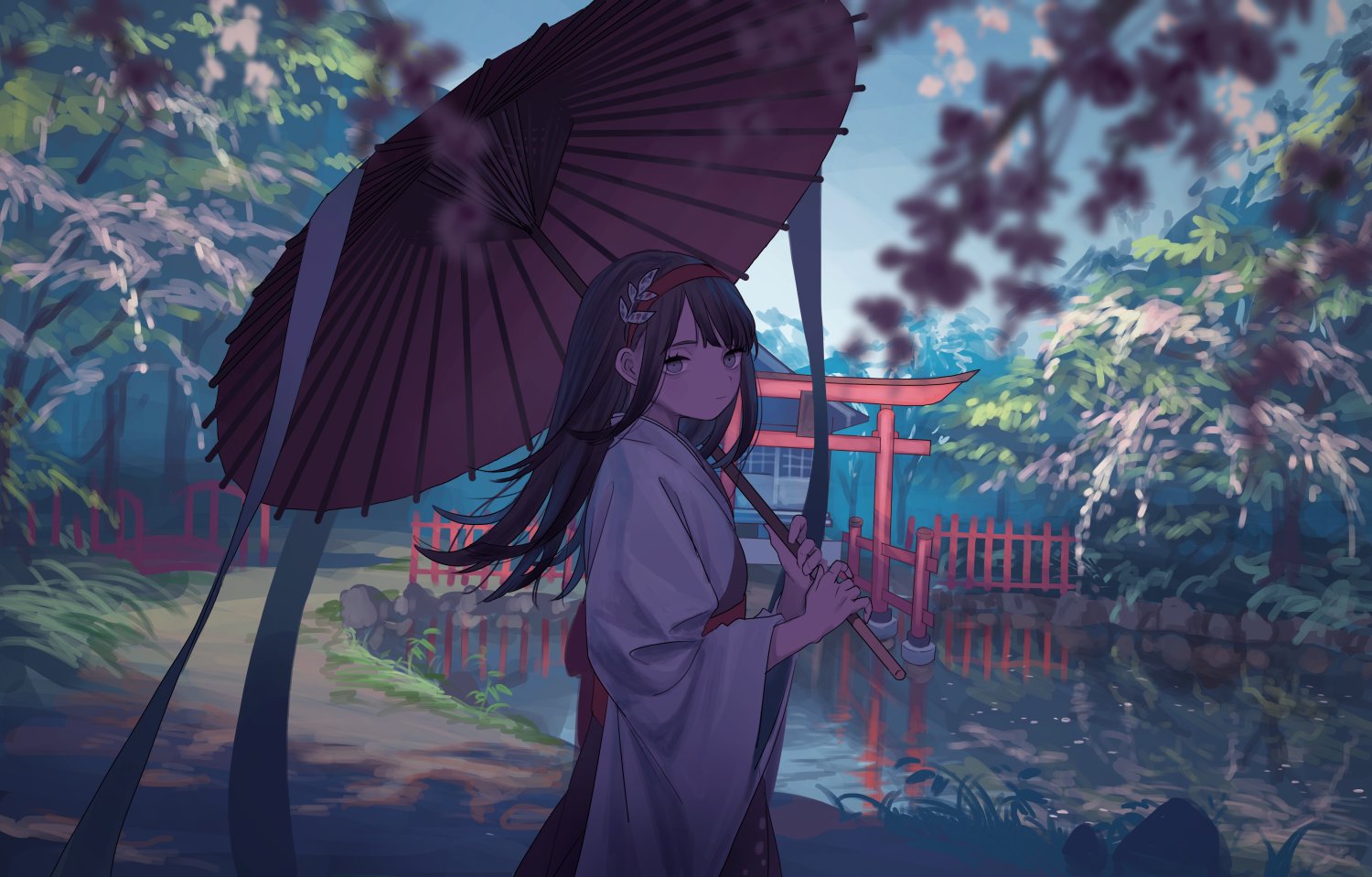 tensen (dotted line), original, commission, skeb commission, 1girl, black hair, blurry, blurry foreground, day, expressionless, fence, hairband, hakama, hakama skirt, holding, holding umbrella, japanese clothes, long hair, miko, mountain, oil-paper umbrella, outdoors, pond, red hairband, shrine, skirt, solo, torii, umbrella, water, wide sleeves