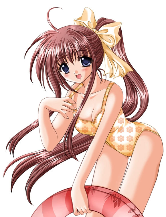alpha (yukai na nakamatachi), mitsuse ayana, konboku mahjong, 1girl, ahoge, blue eyes, blush, breasts, brown hair, cleavage, collarbone, female focus, floral print, hair ribbon, holding, innertube, long hair, looking at viewer, medium breasts, one-piece swimsuit, open mouth, ponytail, print swimsuit, ribbon, smile, solo, standing, swim ring, swimsuit, very long hair, white background, white ribbon, yellow one-piece swimsuit