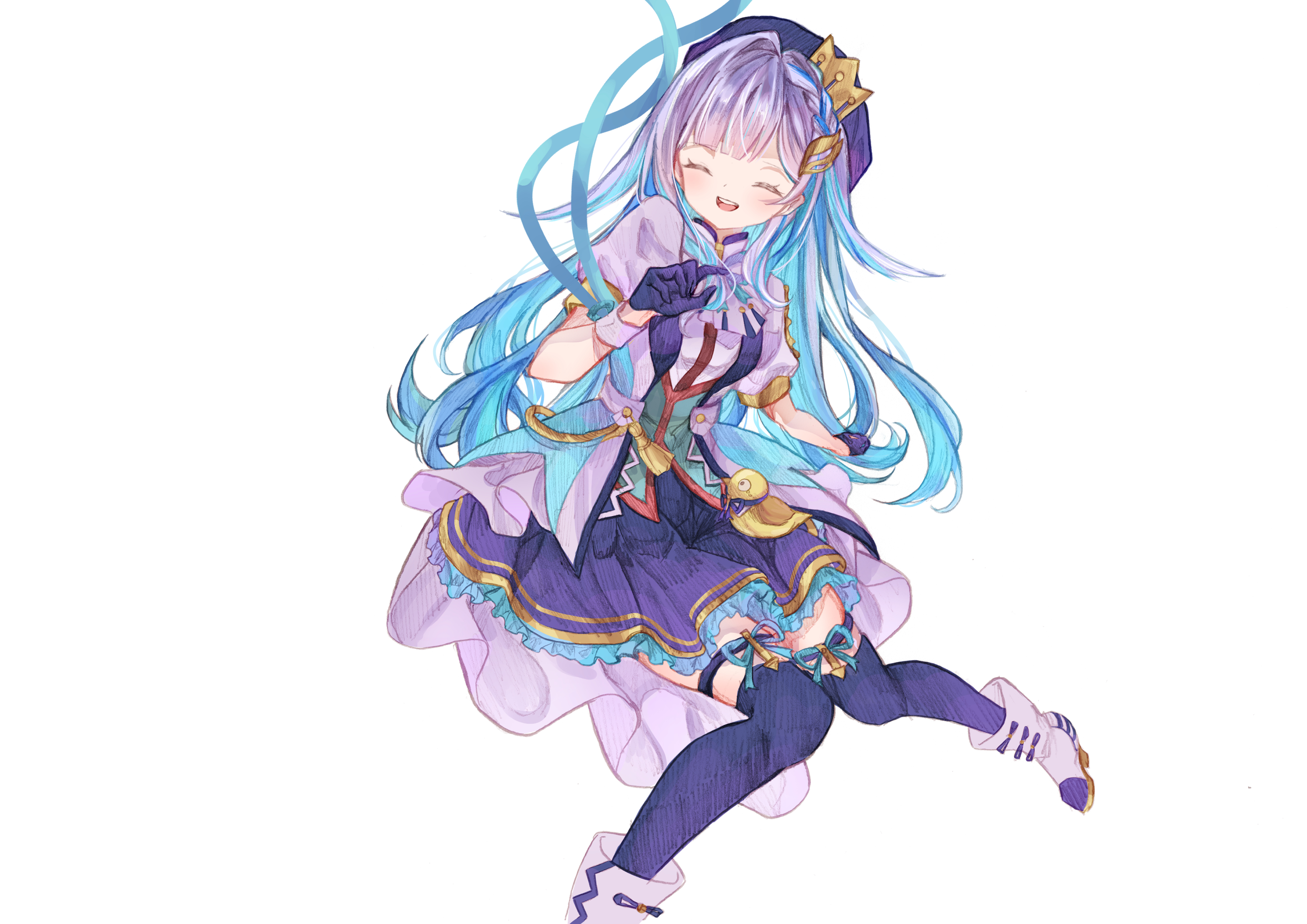 eresa, lize helesta, sebastian piyodore, nijisanji, absurdres, commentary request, highres, 1girl, :d, ^ ^, ankle boots, beret, blue gloves, blue hair, blue hat, blue ribbon, blue shorts, blue skirt, blue socks, blue thighhighs, boots, braid, closed eyes, colored inner hair, colored lapels, crown hat ornament, foot out of frame, frilled skirt, frills, gloves, hair ornament, half gloves, hat, idol clothes, jacket, knees together feet apart, legwear garter, long hair, miniskirt, multicolored hair, neck ribbon, open mouth, pleated skirt, puffy short sleeves, puffy sleeves, ribbon, sanbaka anniversary outfit, short sleeves, shorts, simple background, single hair intake, single wrist cuff, skirt, smile, socks, solo focus, streaked hair, teeth, thigh strap, thighhighs, two-tone hair, upper teeth only, very long hair, virtual youtuber, white background, white boots, white hair, white jacket, white wrist cuffs, wrist cuffs, wrist ribbon