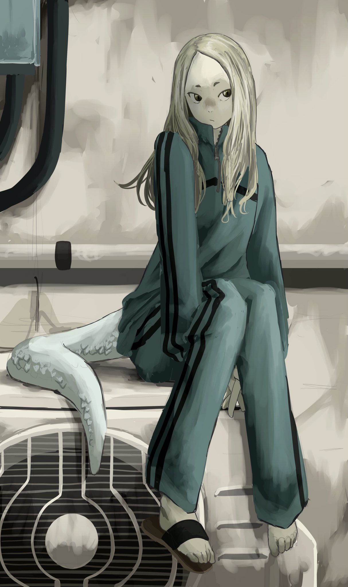 yoshiryuu, original, highres, 1girl, aqua jacket, aqua pants, barefoot, blonde hair, condenser unit, feet, forehead, jacket, long hair, pale skin, pants, sandals, scales, shoes, short eyebrows, single shoe, sitting, snake tail, solo, tail, track jacket, track pants, track suit, white tail