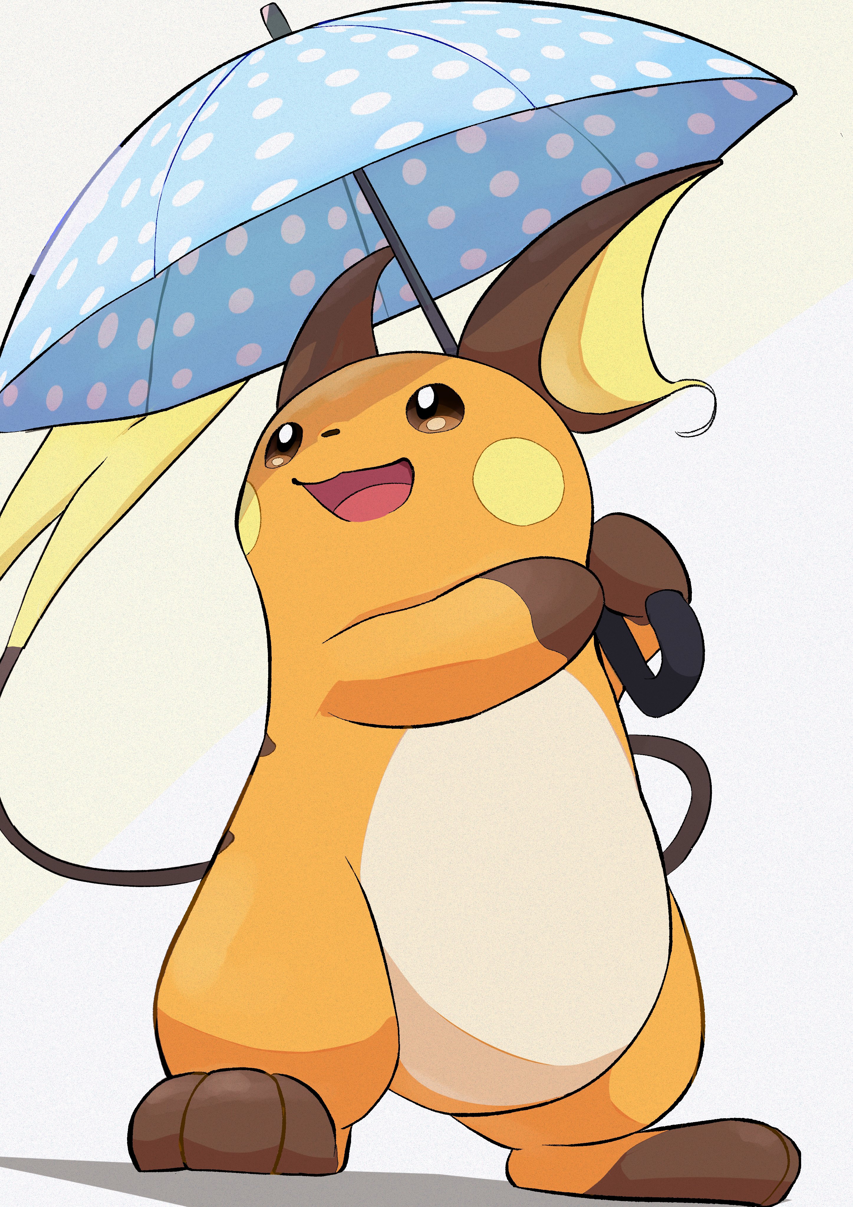 raaaichupudding, raichu, nintendo, pokemon, absurdres, highres, animal focus, brown eyes, full body, gen 1 pokemon, holding, holding umbrella, no humans, open mouth, orange fur, pokemon (creature), pokemon focus, smile, solo, tail, umbrella