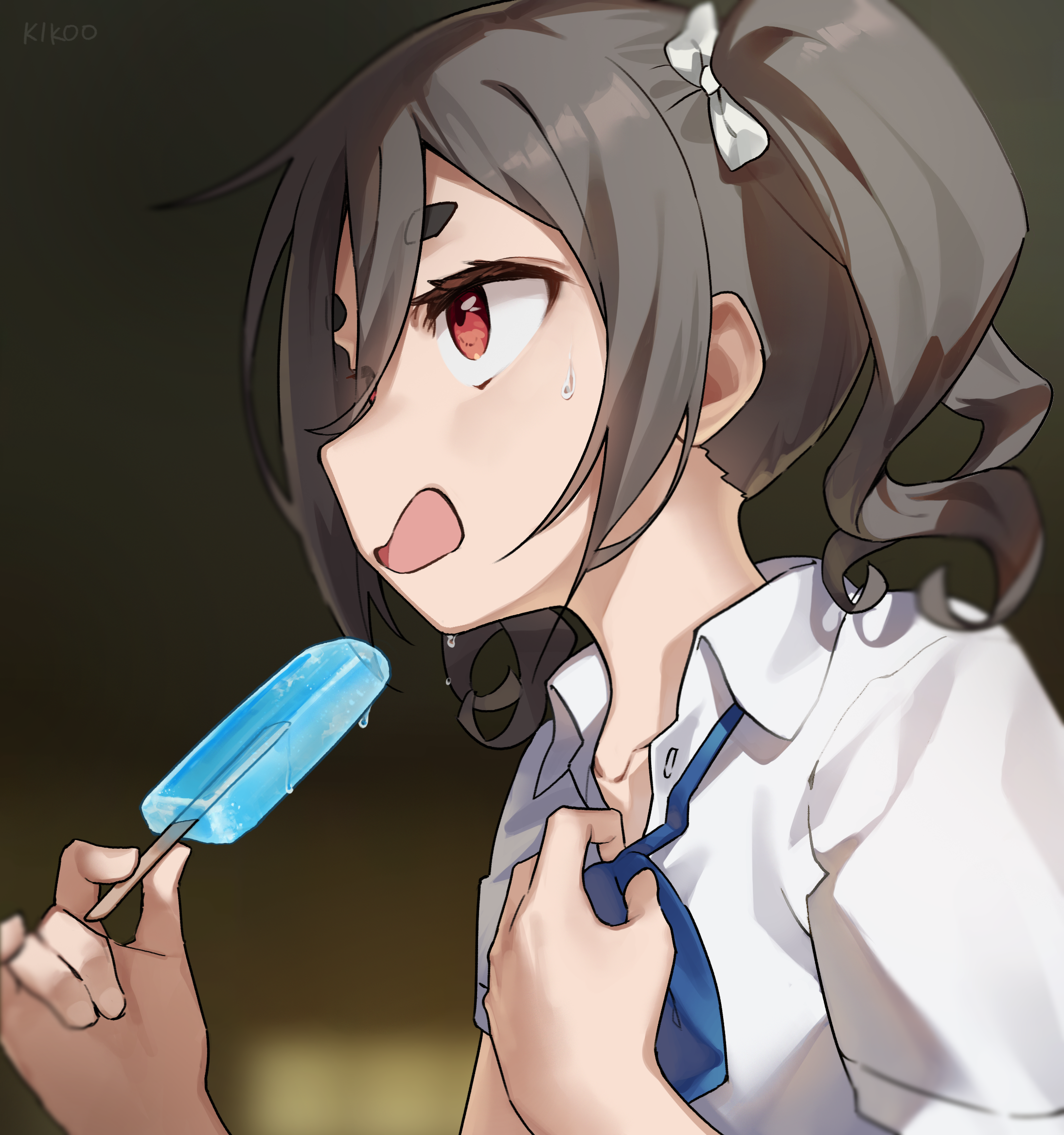 rakkhun, kiriyama an, mono (afro), commentary, highres, symbol-only commentary, 1girl, adjusting bowtie, artist name, blurry, blurry background, bow, bowtie, collared shirt, food, grey hair, hair between eyes, hair bow, holding, holding food, holding popsicle, hot, loose bowtie, open mouth, popsicle, profile, red eyes, shirt, short sleeves, sideways mouth, solo, summer, sweat, thick eyebrows, twintails, upper body, white bow, white shirt
