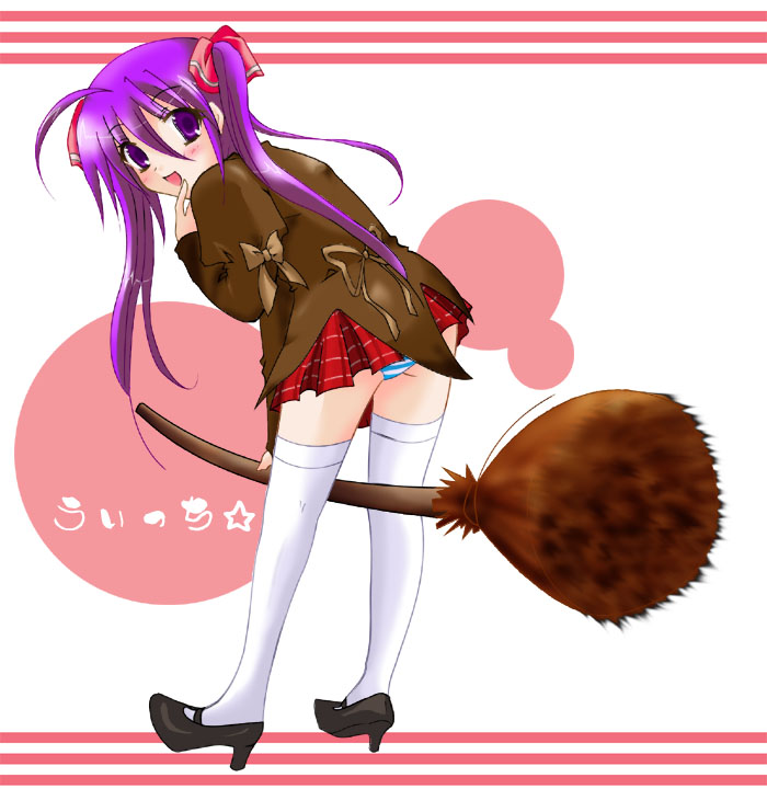artist request, character request, copyright request, translation request, 1girl, ass, black shoes, blue panties, blush, bow, broom, broom riding, brown bow, brown jacket, female focus, from behind, hair ribbon, high heels, jacket, long hair, long sleeves, looking at viewer, looking back, open mouth, panties, pantyshot, pink ribbon, purple eyes, purple hair, red skirt, ribbon, shoes, skirt, smile, solo, star (symbol), striped clothes, striped panties, striped skirt, thighhighs, twintails, underwear, white background, white thighhighs