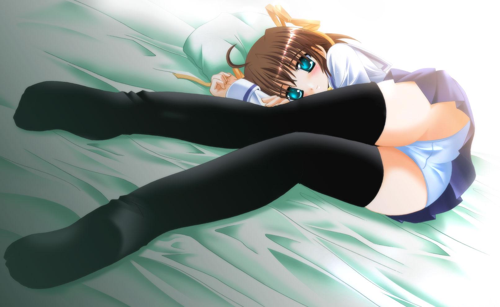 otoki raku, asakura nemu, da capo, black legwear, highres, ass, bed, blush, brown hair, feet, green eyes, hair ribbon, legs, lying, on side, panties, pantyshot, pleated skirt, ribbon, school uniform, short hair, skirt, thighhighs, underwear, white panties