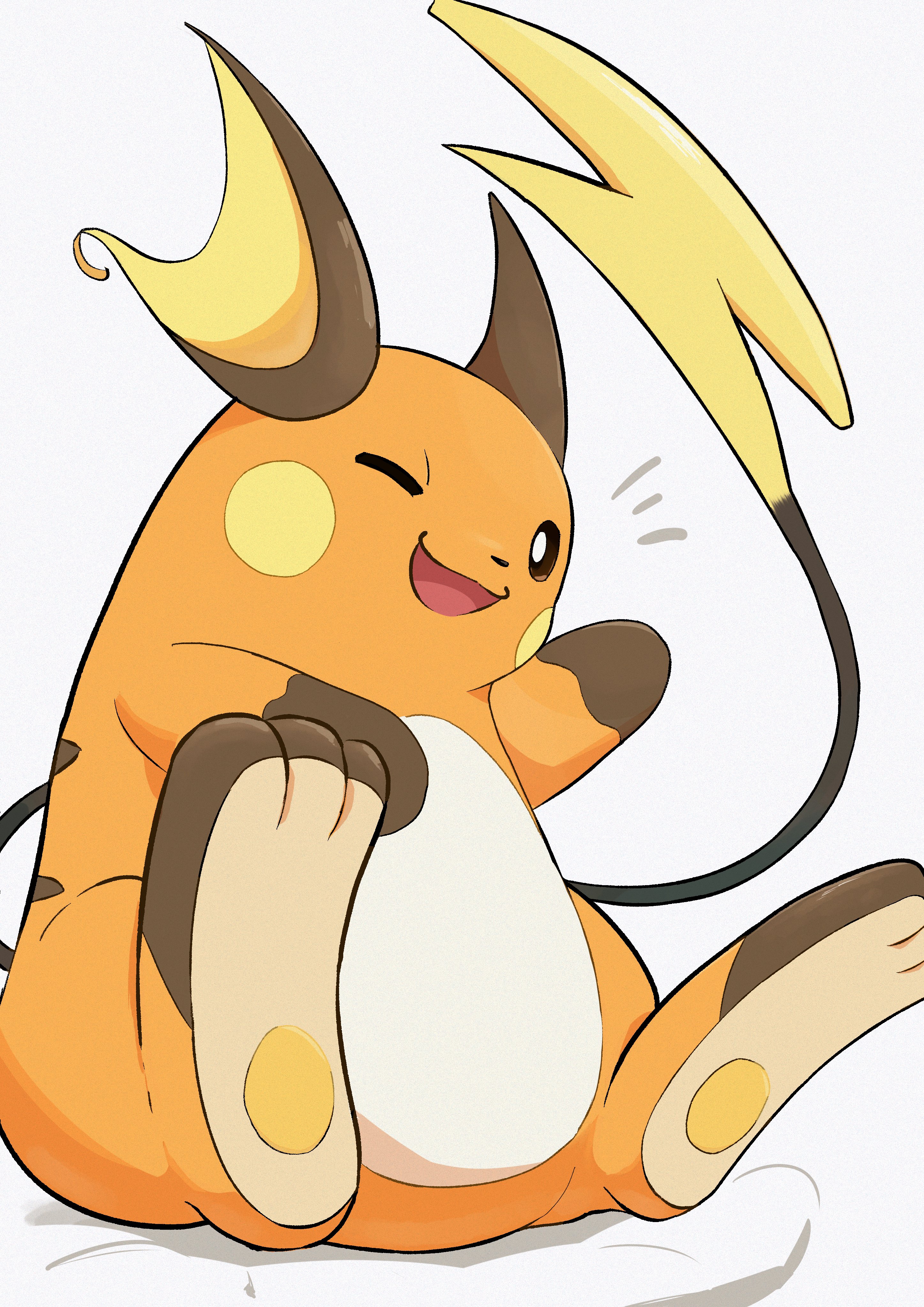 raaaichupudding, raichu, nintendo, pokemon, absurdres, highres, animal focus, gen 1 pokemon, looking at viewer, no humans, one eye closed, open mouth, orange fur, pokemon (creature), pokemon focus, simple background, sitting, smile, solo, tail, waving, white background