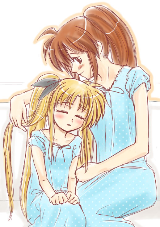 fate testarossa, takamachi nanoha, lyrical nanoha, mahou shoujo lyrical nanoha, mahou shoujo lyrical nanoha strikers, plaid, 00s, 2girls, blonde hair, blush, bow, closed eyes, long hair, multiple girls, pajamas, red hair, sitting, sleepy, smile, time paradox