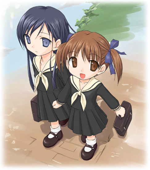 takayaki, fukuzawa yumi, ogasawara sachiko, maria-sama ga miteru, 00s, blue eyes, brown eyes, brown hair, long hair, school uniform, serafuku, twintails