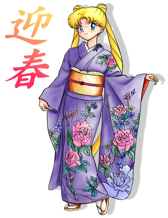 tsukino usagi, bishoujo senshi sailor moon, 1990s (style), 1girl, blonde hair, blue eyes, female focus, full body, japanese clothes, kimono, solo, white background