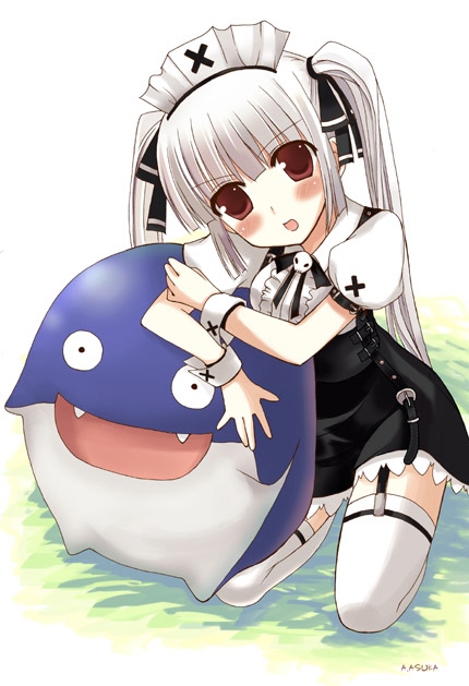 artist request, character request, source request, tagme, red eyes, thighhighs, white hair