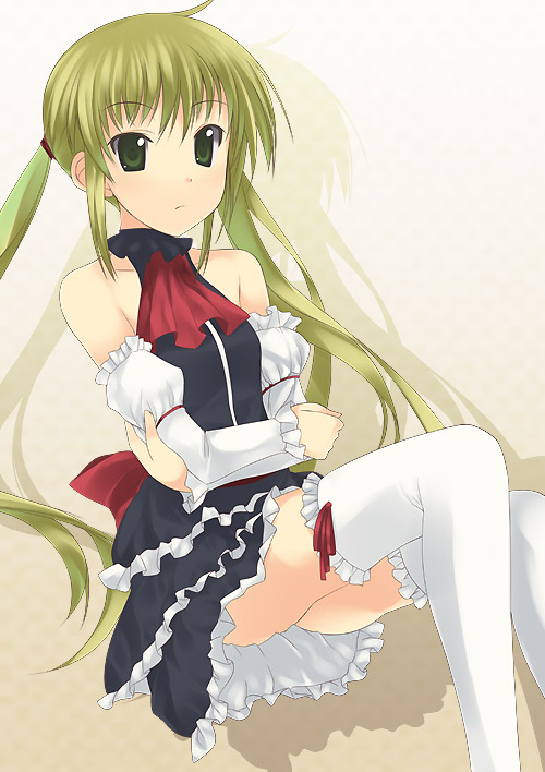 mizuki makoto, sanzen'in nagi, hayate no gotoku!, 00s, 1girl, ascot, blonde hair, crossed arms, detached sleeves, dress, female focus, floating, frilled dress, frilled thighhighs, frills, green eyes, long hair, sidelocks, sitting, skirt, solo, thighhighs, twintails, white thighhighs