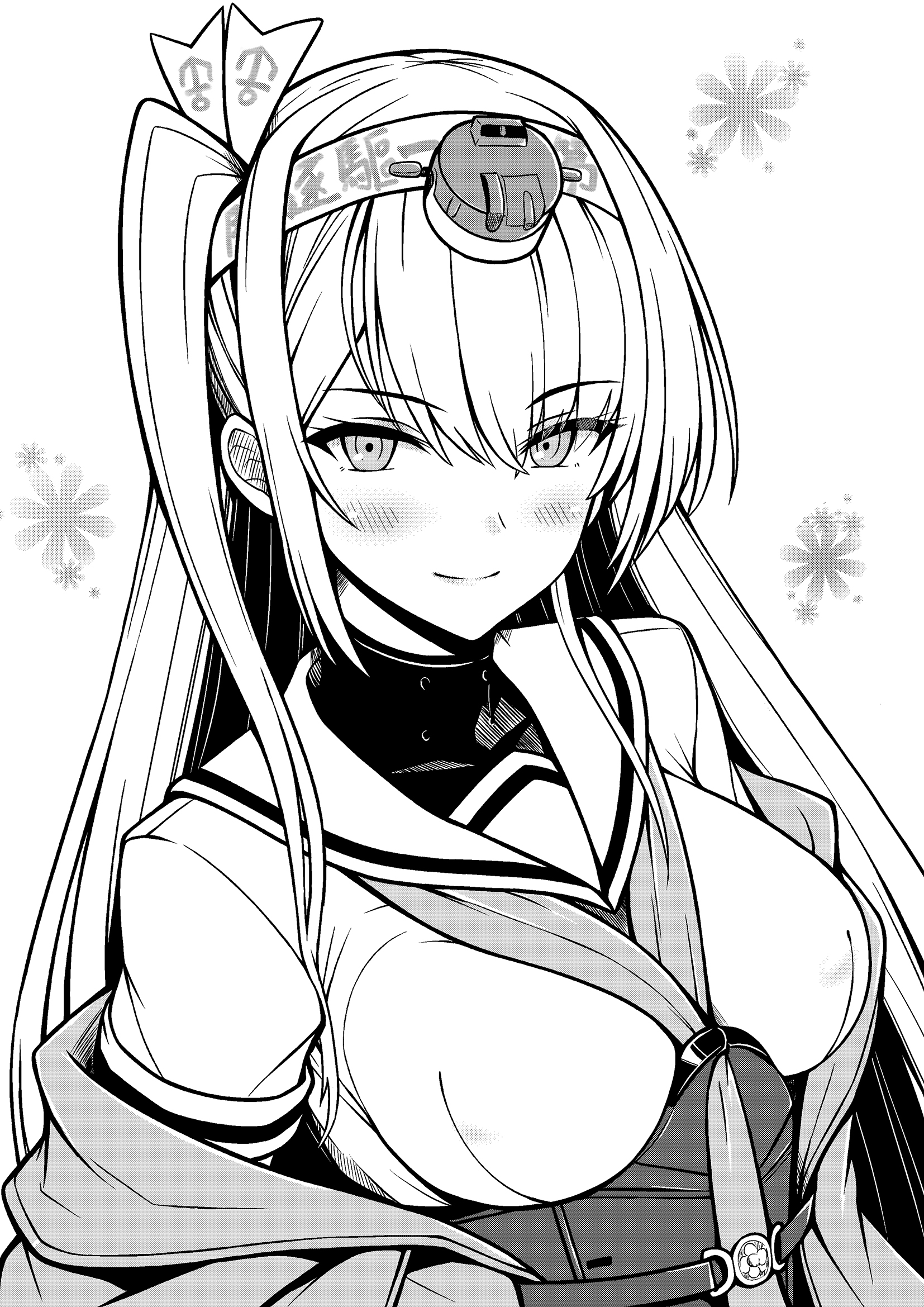 kamiya tadato, fuyutsuki (kancolle), kantai collection, highres, 1girl, blush, breasts, corset, greyscale, hachimaki, hair between eyes, hair ornament, headband, headgear, large breasts, long hair, looking at viewer, monochrome, neckerchief, one side up, ribbon, sailor collar, school uniform, serafuku, shawl, skirt, smile, solo, upper body, white background