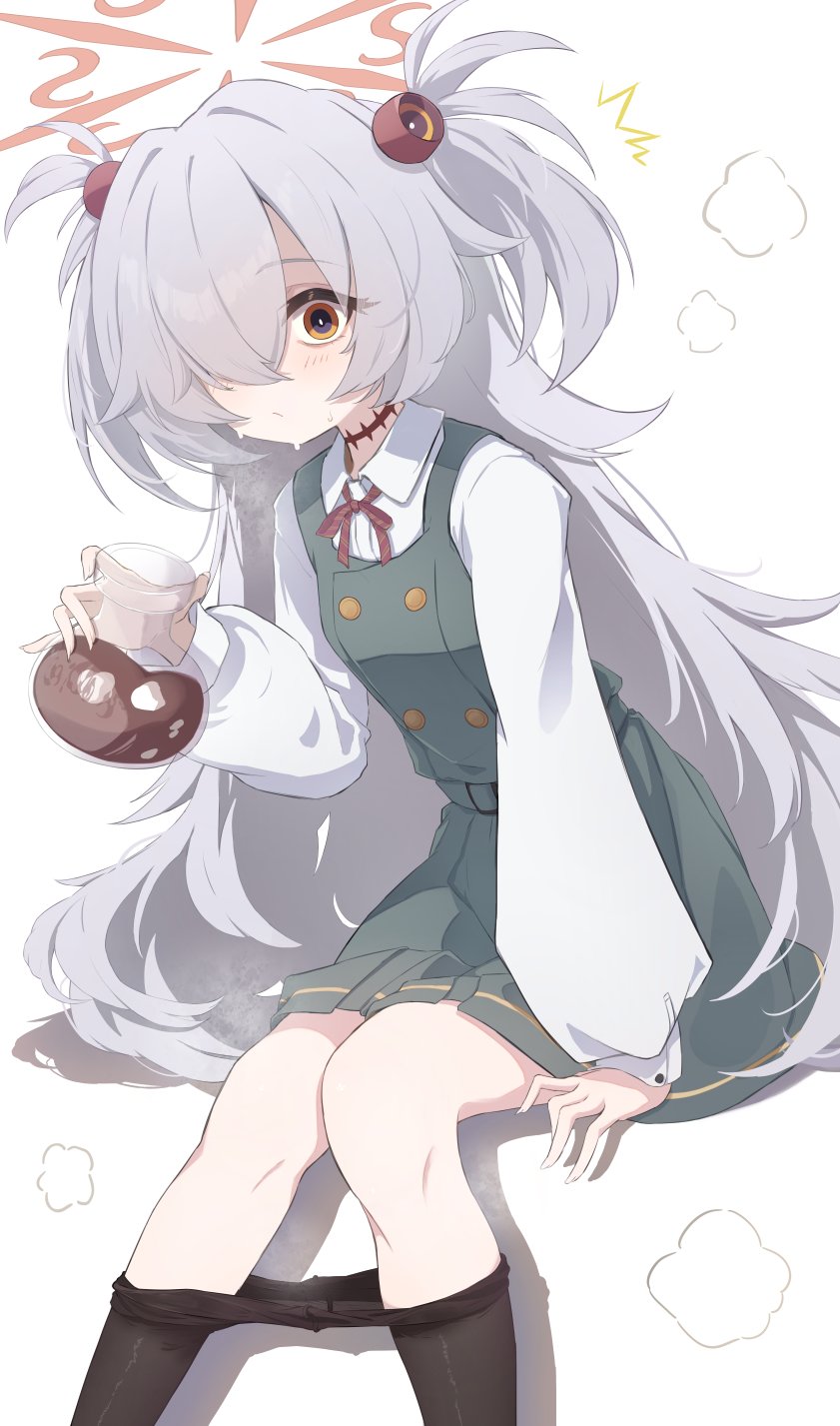 ritsu (ritu 2416), kanoe (blue archive), blue archive, highres, md5 mismatch, 1girl, bags under eyes, black pantyhose, brown halo, brown ribbon, closed mouth, clothes pull, diagonal-striped ribbon, dress, flask, hair over one eye, halo, holding, holding flask, invisible chair, long hair, looking at viewer, messy hair, pantyhose, pantyhose pull, pinafore dress, ribbon, round-bottom flask, scar, scar on neck, shirt, simple background, sitting, sleeveless, sleeveless dress, solo, steam, surprised, sweat, two side up, very long hair, white background, white hair, white shirt, wide-eyed