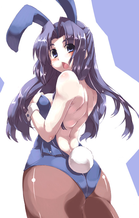 tokyo (great akuta), asakura ryoko, suzumiya haruhi no yuuutsu, 00s, 1girl, animal ears, ass, back, backless leotard, backless outfit, blue eyes, blush, breasts, brown pantyhose, cleavage, detached collar, fake animal ears, female focus, from behind, half updo, leotard, long hair, pantyhose, playboy bunny, purple hair, rabbit ears, rabbit tail, seamed legwear, side-seamed legwear, solo, tail