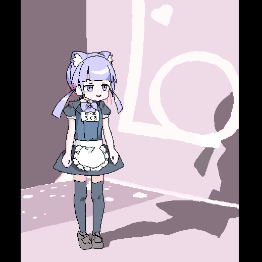lokulo no mawashimono, lokulo-chan (lokulo no mawashimono), original, 1girl, animal ear fluff, animal ears, apron, black thighhighs, blunt bangs, bow, bowtie, cat ears, low twintails, maid, maid apron, meme, parody, purple hair, school swimsuit, slouching, slouching shigure ui (meme), swimsuit, thighhighs, twintails