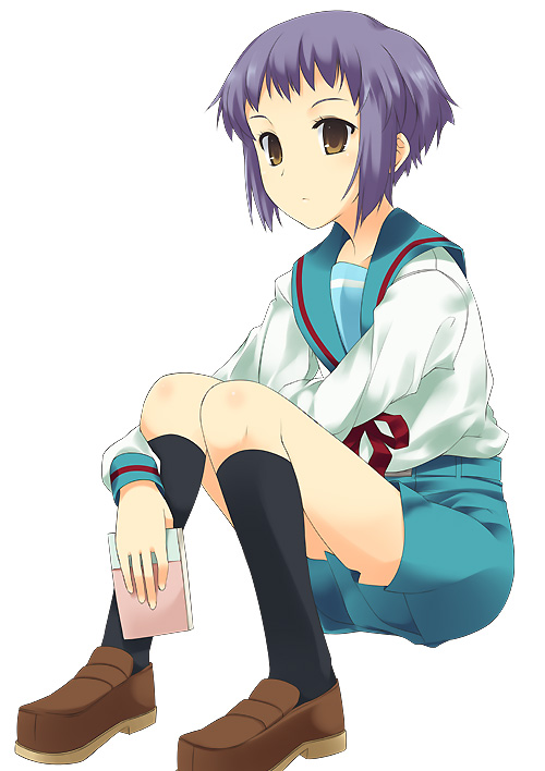 mizuki makoto, nagato yuki, suzumiya haruhi no yuuutsu, 00s, 1girl, black socks, blue skirt, brown shoes, female focus, full body, holding, kneehighs, loafers, long sleeves, looking at viewer, miniskirt, notebook, purple hair, red ribbon, ribbon, school uniform, serafuku, shoes, short hair, simple background, sitting, skirt, socks, solo, white background, yellow eyes