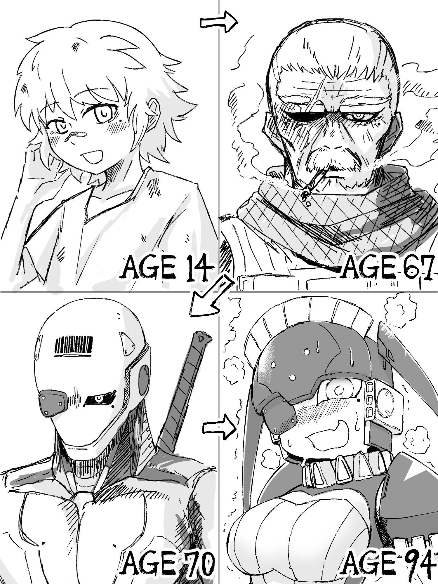 zundarahagezou, original, hashtag-only commentary, highres, 1girl, 3boys, :d, age progression, barcode, blush, character age, cigarette, cyborg, english text, eyepatch, facial hair, fang, genderswap, greyscale, hand up, looking at viewer, maid headdress, mole, mole under eye, monochrome, multiple boys, mustache, neck ruff, old, old man, open mouth, robot girl, scar, scar across eye, scar on face, scarf, short sleeves, simple background, skin fang, smile, smoking, sweatdrop, trembling, twintails, upper body, weapon, weapon on back, white background