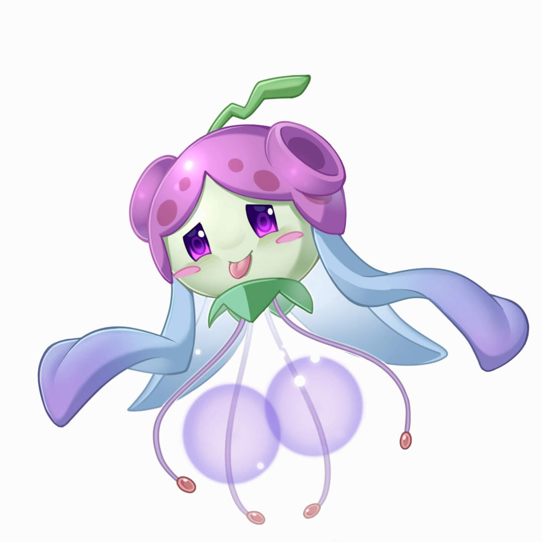 veghia, plants vs. zombies, plants vs. zombies 2, plants vs. zombies 2 (chinese), character request, blush stickers, closed mouth, from below, jellyfish, leaf, looking at viewer, plant, plant focus, purple eyes, simple background, smile, solid oval eyes, solo, tongue, tongue out, white background