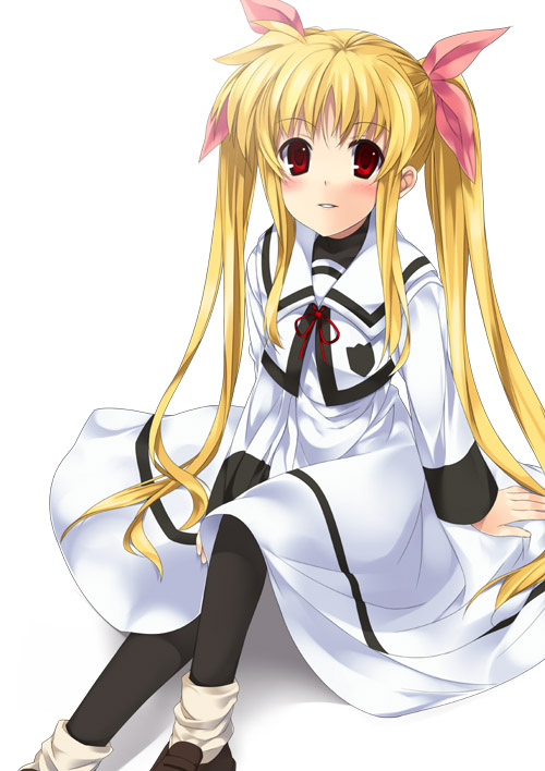 mizuki makoto, fate testarossa, lyrical nanoha, mahou shoujo lyrical nanoha, mahou shoujo lyrical nanoha a's, 00s, 1girl, black pantyhose, blonde hair, female focus, full body, long sleeves, looking at viewer, pantyhose, red eyes, school uniform, serafuku, sidelocks, simple background, sleeve cuffs, solo, twintails, white background
