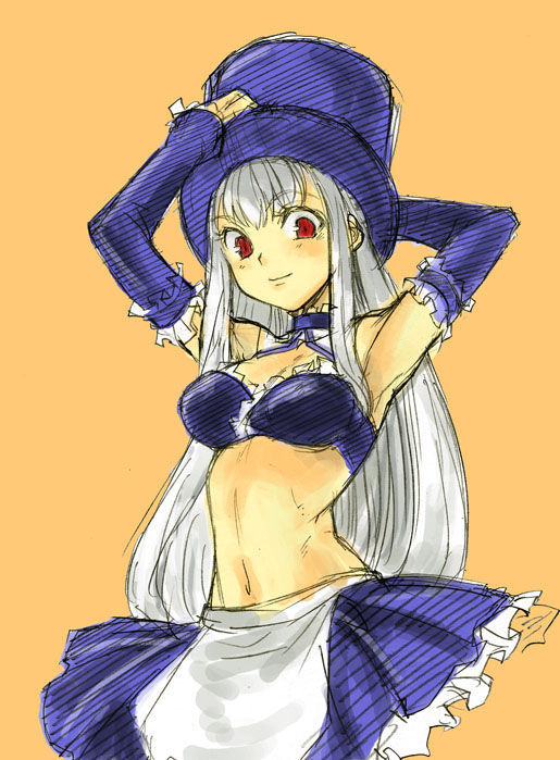tetsu (kimuchi), ingrid (capcom), capcom, capcom fighting jam, 1girl, albino, armpits, bare shoulders, blush, breasts, detached sleeves, female focus, frilled skirt, frills, hat, hat tip, long hair, maid, medium breasts, midnight bliss, midriff, red eyes, skirt, solo, toned, toned female, top hat, white hair