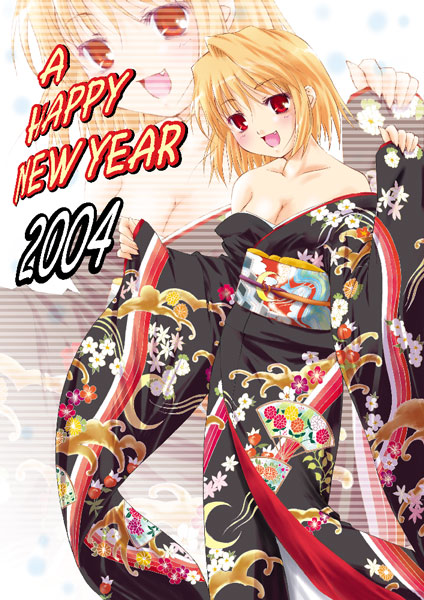 q-gaku, arcueid brunestud, tsukihime, 00s, 1girl, 2004, blush, breasts, cleavage, collarbone, dress, fang, female focus, happy, japanese clothes, kimono, new year, no bra, obi, off shoulder, outstretched arms, print dress, print kimono, red eyes, sash, short hair, solo, spread arms, zoom layer