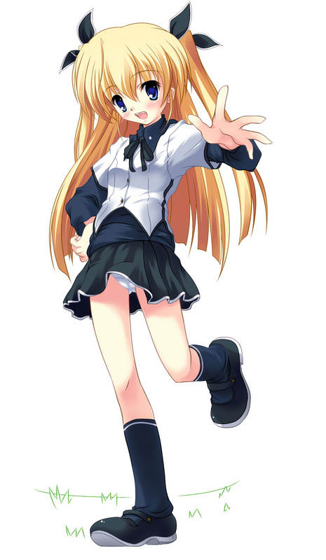 blonde hair, blue eyes, hair ribbon, long hair, panties, ribbon, school uniform, serafuku, socks, underwear, upskirt