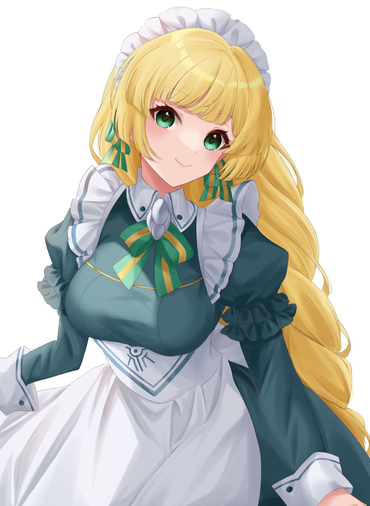 ell 0314, ingrid brandl galatea, ingrid brandl galatea (cordial teatime), fire emblem, fire emblem: three houses, fire emblem heroes, nintendo, highres, 1girl, apron, blonde hair, blue dress, blush, bow, breasts, closed mouth, dress, green dress, green eyes, hair bow, hair ornament, headdress, large breasts, long hair, long sleeves, maid, maid apron, maid headdress, medium breasts, official alternate costume, simple background, smile, solo, white apron, white background