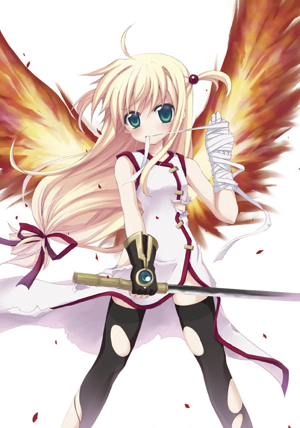 minamura haruki, arisa bunnings, burning arisa, lyrical nanoha, mahou shoujo lyrical nanoha, shakugan no shana, jpeg artifacts, 00s, 1girl, bandages, blonde hair, china dress, chinese clothes, crossover, dress, female focus, fiery wings, green eyes, katana, long hair, low-tied long hair, mouth hold, solo, sword, thighhighs, torn clothes, weapon, wings
