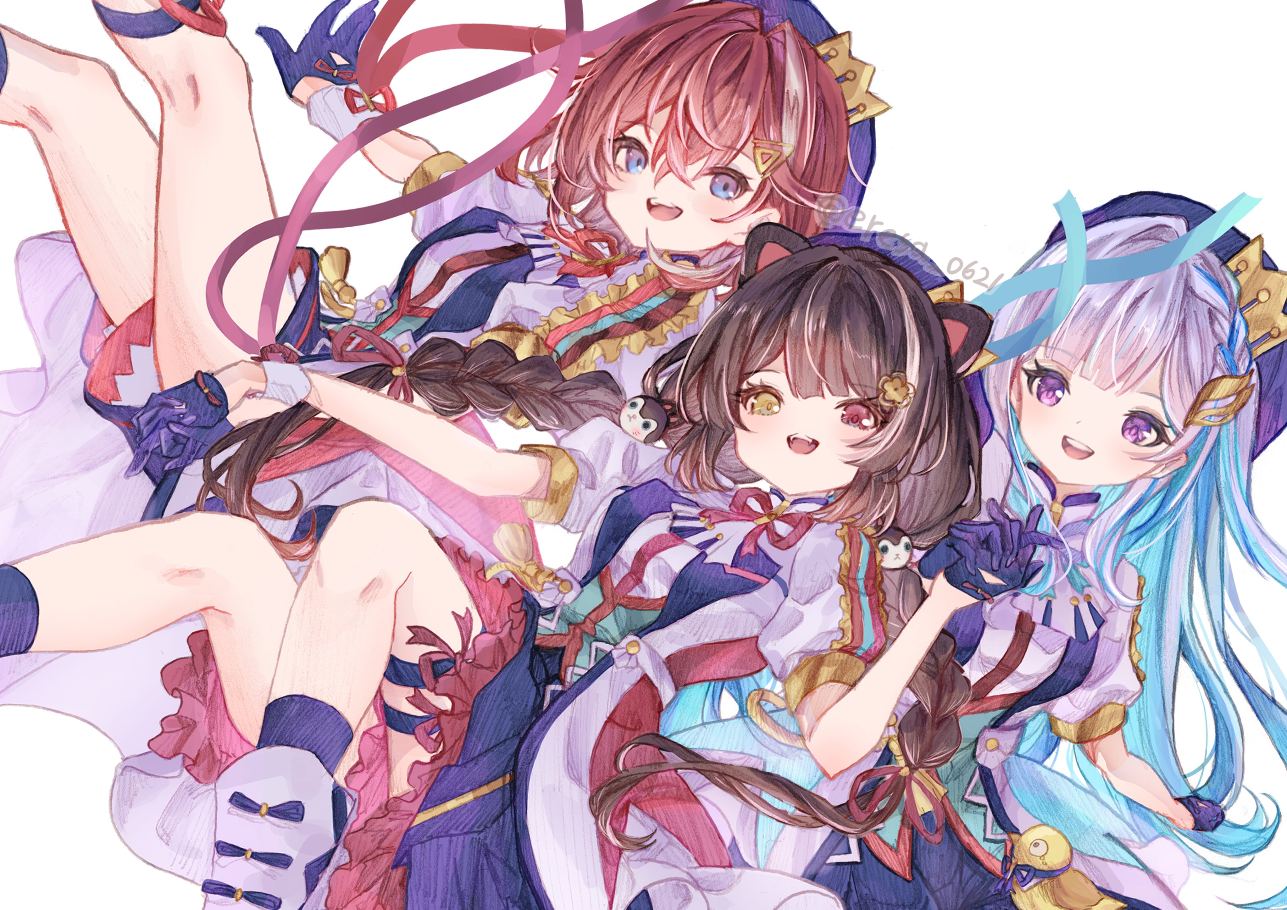 eresa, ange katrina, inui toko, lize helesta, sebastian piyodore, nijisanji, absurdres, commentary request, highres, 3girls, :d, animal ears, animal hair ornament, ankle boots, beret, blue eyes, blue gloves, blue hair, blue hat, blue ribbon, blue shorts, blue skirt, blue socks, blue thighhighs, boots, braid, breasts, brown hair, colored inner hair, colored lapels, crown hat ornament, dog ears, frilled skirt, frills, gloves, gradient eyes, group picture, hair between eyes, hair intakes, hair ornament, hair ribbon, half gloves, hat, heterochromia, holding hands, idol clothes, jacket, knees together feet apart, leaning back, legs up, legwear garter, long hair, looking at viewer, low twintails, medium hair, miniskirt, multicolored eyes, multicolored hair, multiple girls, neck ribbon, open mouth, pleated skirt, puffy short sleeves, puffy sleeves, purple eyes, purple ribbon, red eyes, red hair, red ribbon, ribbon, sanbaka (nijisanji), sanbaka anniversary outfit, short sleeves, shorts, simple background, single hair intake, single wrist cuff, skirt, small breasts, smile, socks, streaked hair, teeth, thigh strap, thighhighs, twintails, twitter username, two-tone hair, upper teeth only, very long hair, virtual youtuber, white background, white boots, white hair, white jacket, white wrist cuffs, wrist cuffs, wrist ribbon, yellow eyes
