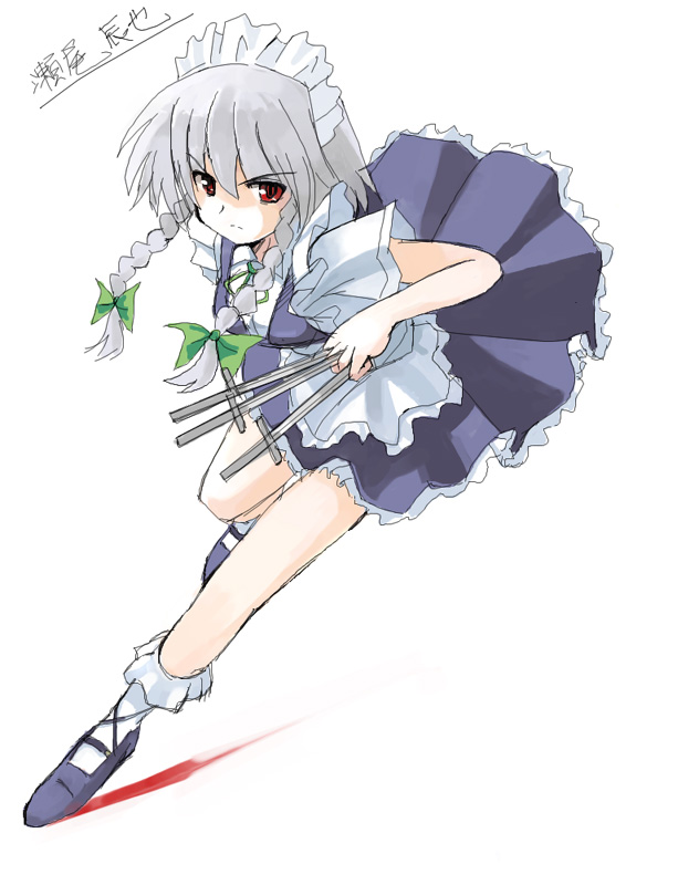 seo tatsuya, izayoi sakuya, touhou, silver hair, 1girl, between fingers, braid, female focus, holding, knife, maid, short hair, solo, twin braids