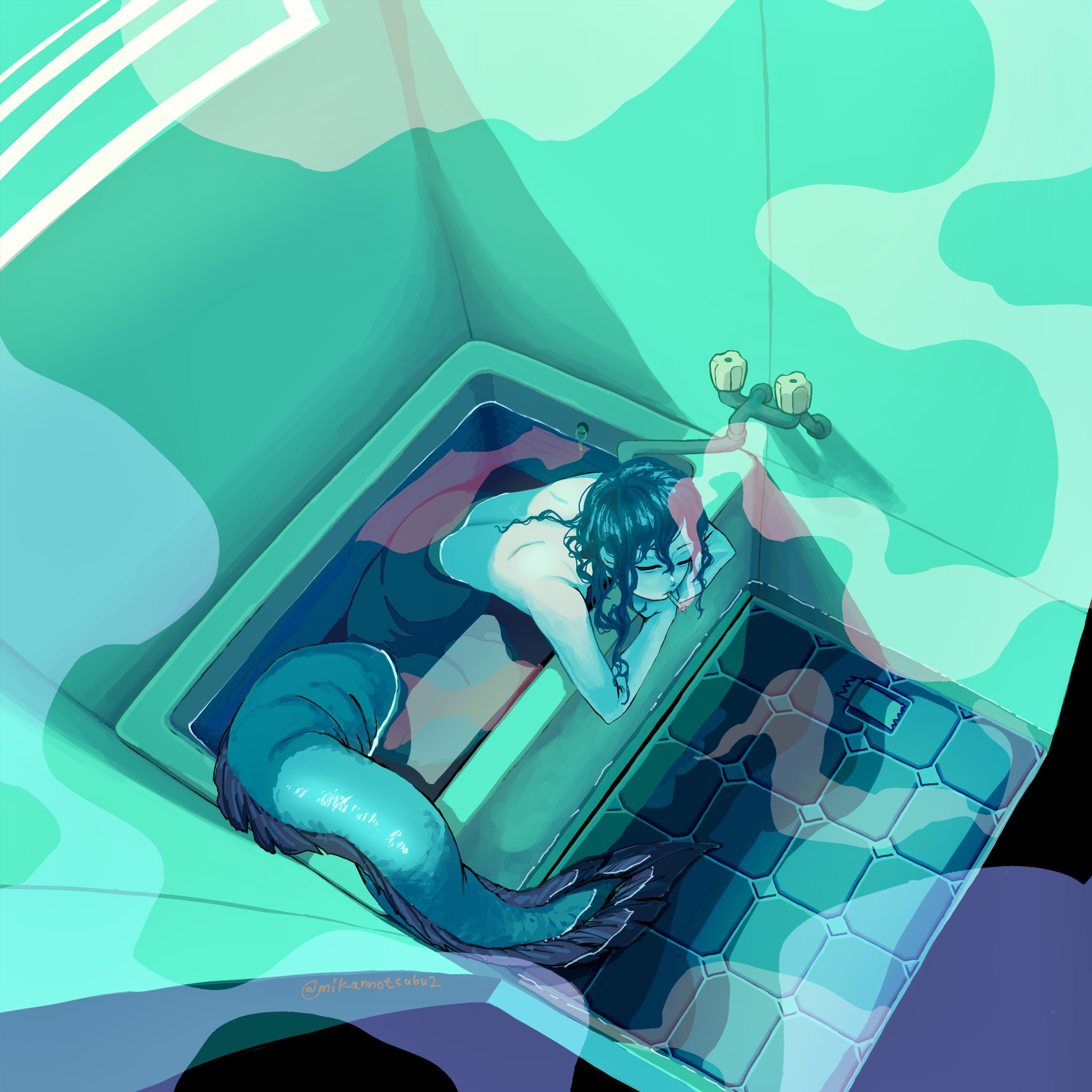 original, highres, 1girl, aqua theme, back, bare back, bathroom, bathtub, closed eyes, eel girl, faucet, from above, hair between eyes, in bathtub, indoors, mermaid, mermaid out of environment, mikannotsubu, monster girl, pale skin, partially submerged, smoke, smoking, solo, twitter username, water, wet, wet hair
