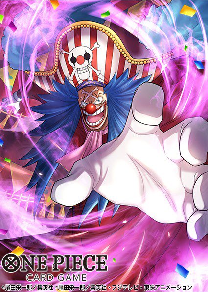 aidle co jp, buggy the clown, one piece, one piece card game, copyright request, official art, 1boy, blue hair, confetti, copyright name, evil smile, gloves, hat, long hair, looking at viewer, makeup, male focus, open mouth, pirate hat, reaching, reaching towards viewer, red lips, smile, solo, white gloves