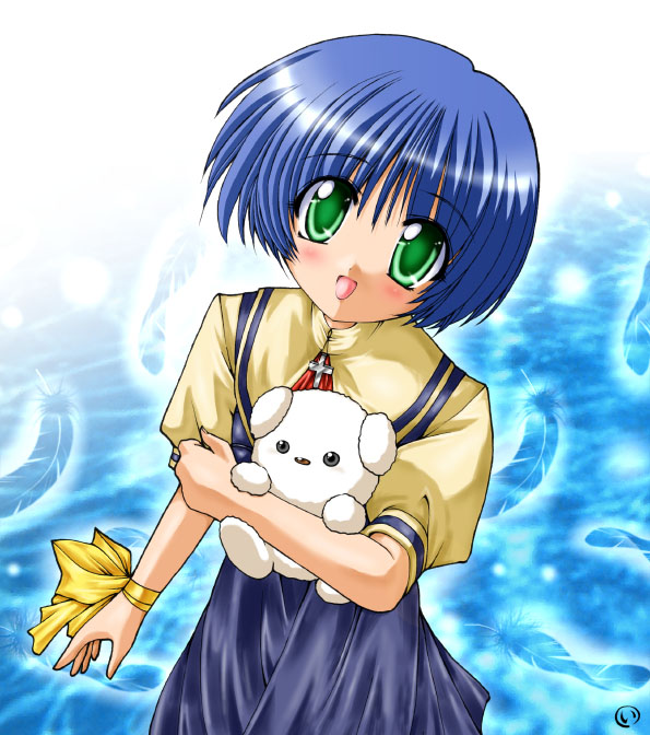marui, kirishima kano, potato (air), air (visual novel), eyebrows, 00s, 1girl, blue dress, blue hair, collared shirt, dress, female focus, green eyes, head tilt, holding, looking at viewer, puffy short sleeves, puffy sleeves, school uniform, serafuku, shirt, short hair, short sleeves, solo, stuffed animal, stuffed toy, wristband, yellow shirt