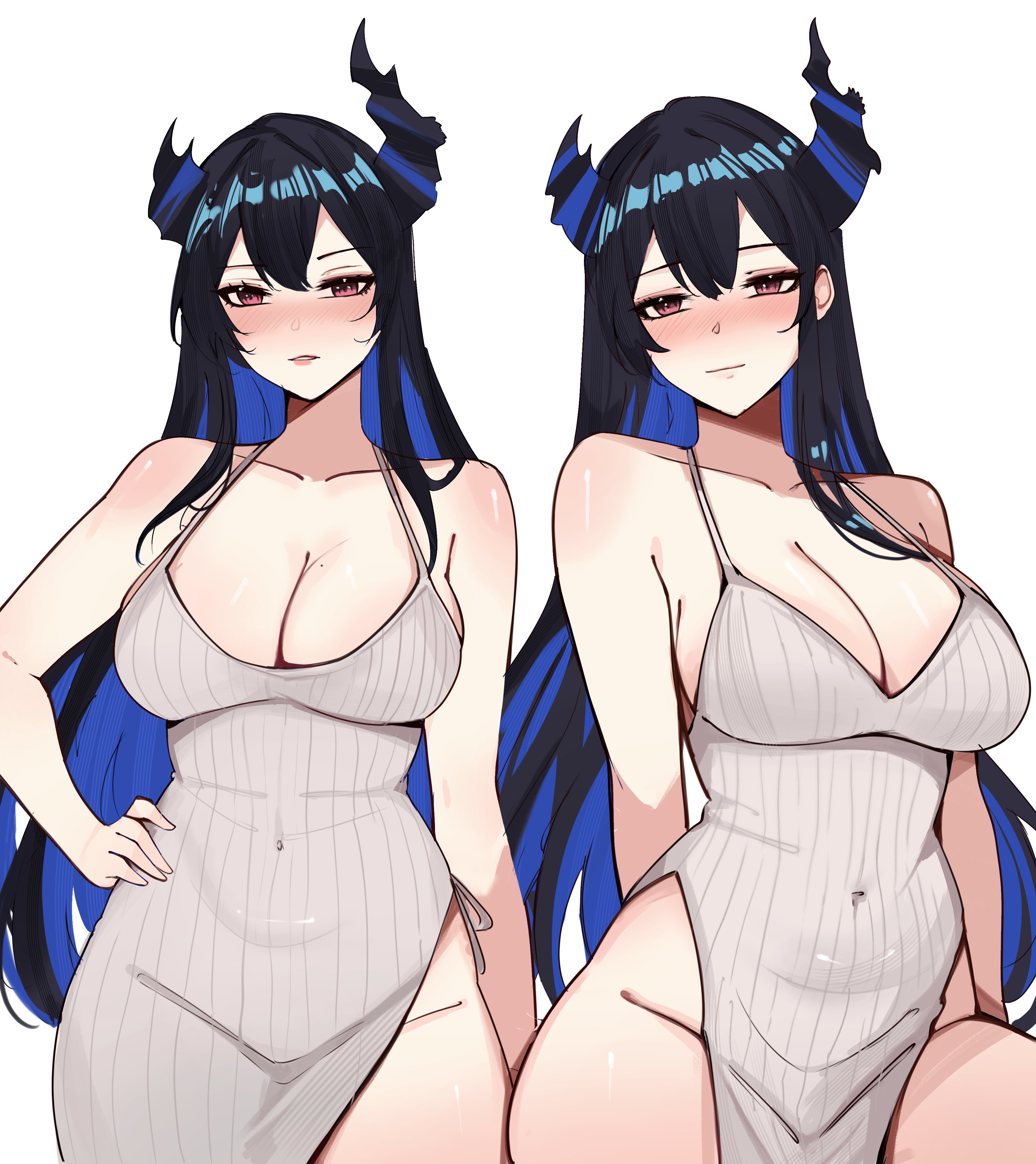 meeko illus, nerissa ravencroft, hololive, hololive english, absurdres, highres, 1girl, alternate costume, asymmetrical horns, black hair, blue hair, blush, breasts, colored inner hair, covered navel, demon horns, dress, hand on own hip, horns, large breasts, long hair, looking at viewer, mole, mole under eye, multicolored hair, multiple views, red eyes, side slit, two-tone hair, uneven horns, very long hair, virtual youtuber
