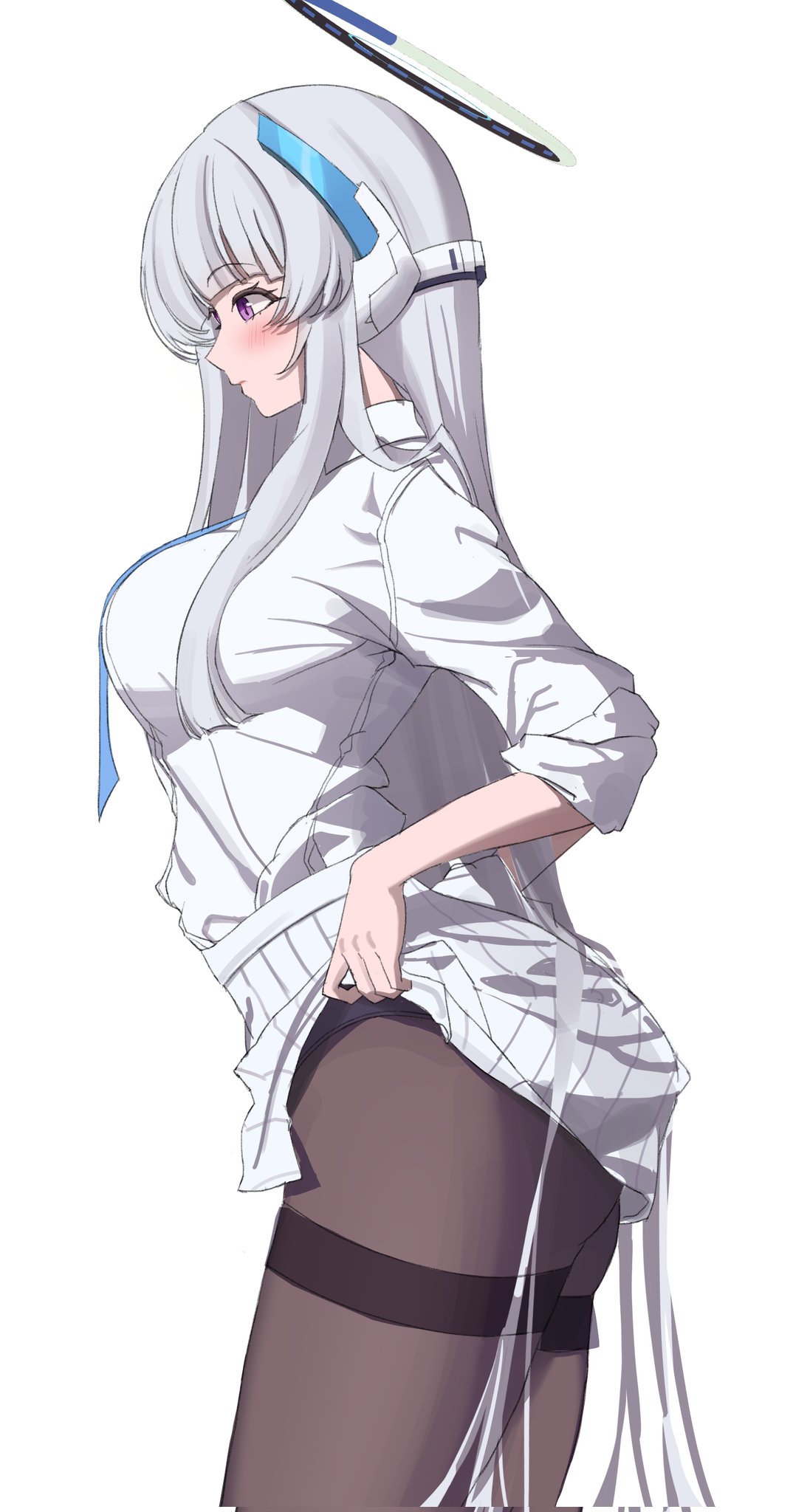 dwadwa98, noa (blue archive), blue archive, highres, 1girl, black pantyhose, blue necktie, breasts, clothes lift, collared shirt, cowboy shot, expressionless, from side, grey hair, hair over shoulder, halo, headgear, highre, large breasts, lifting own clothes, light blush, long hair, mechanical halo, necktie, panties, pantyhose, pantyshot, pleated skirt, profile, purple eyes, shirt, shirt tucked in, sidelocks, simple background, skirt, skirt lift, sleeves rolled up, solo, standing, straight hair, thighband pantyhose, thighs, underwear, very long hair, white background, white shirt, white skirt