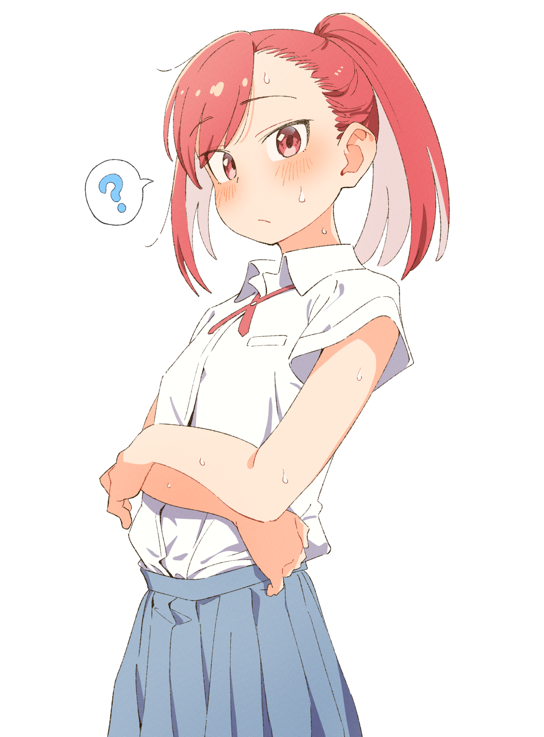 eitopondo, seto shouko, ruri no houseki, highres, 1girl, ?, blush, collared shirt, dress shirt, long hair, looking at viewer, pink hair, pleated skirt, red eyes, school uniform, shirt, short sleeves, skirt, solo, spoken question mark, sweat, white background, white shirt