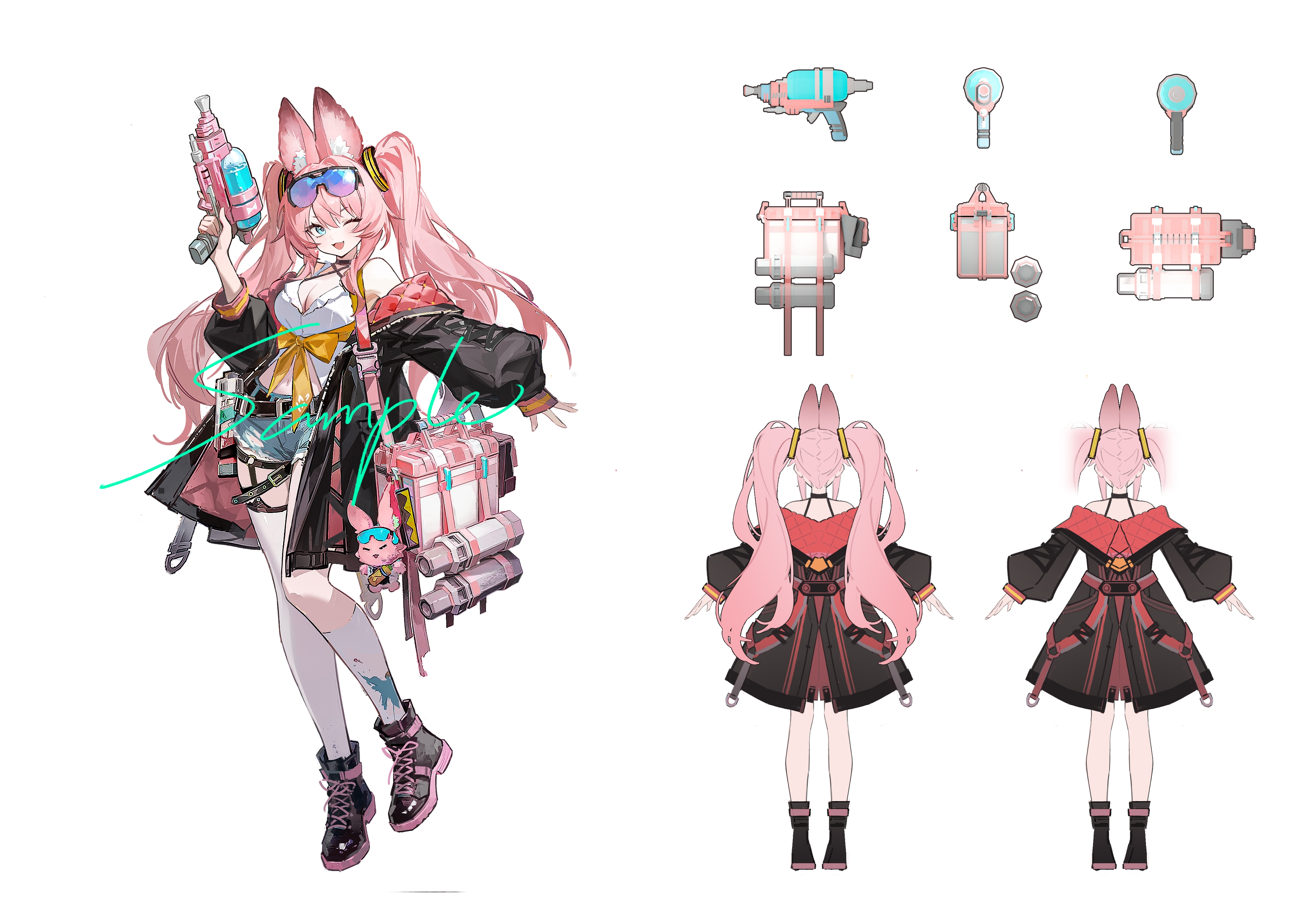 baiyu sayoo, original, absurdres, commentary request, commission, highres, 1girl, animal ear fluff, animal ears, ankle boots, asymmetrical legwear, belt, black boots, boots, breasts, charm (object), cleavage, denim, denim shorts, goggles, goggles on head, holding, holding water gun, kneehighs, lace-up boots, large breasts, long hair, mismatched legwear, multiple views, one eye closed, reference sheet, sample watermark, shorts, single kneehigh, single sock, single thighhigh, socks, thighhighs, turnaround, twintails, very long hair, water gun, watermark, white socks, white thighhighs