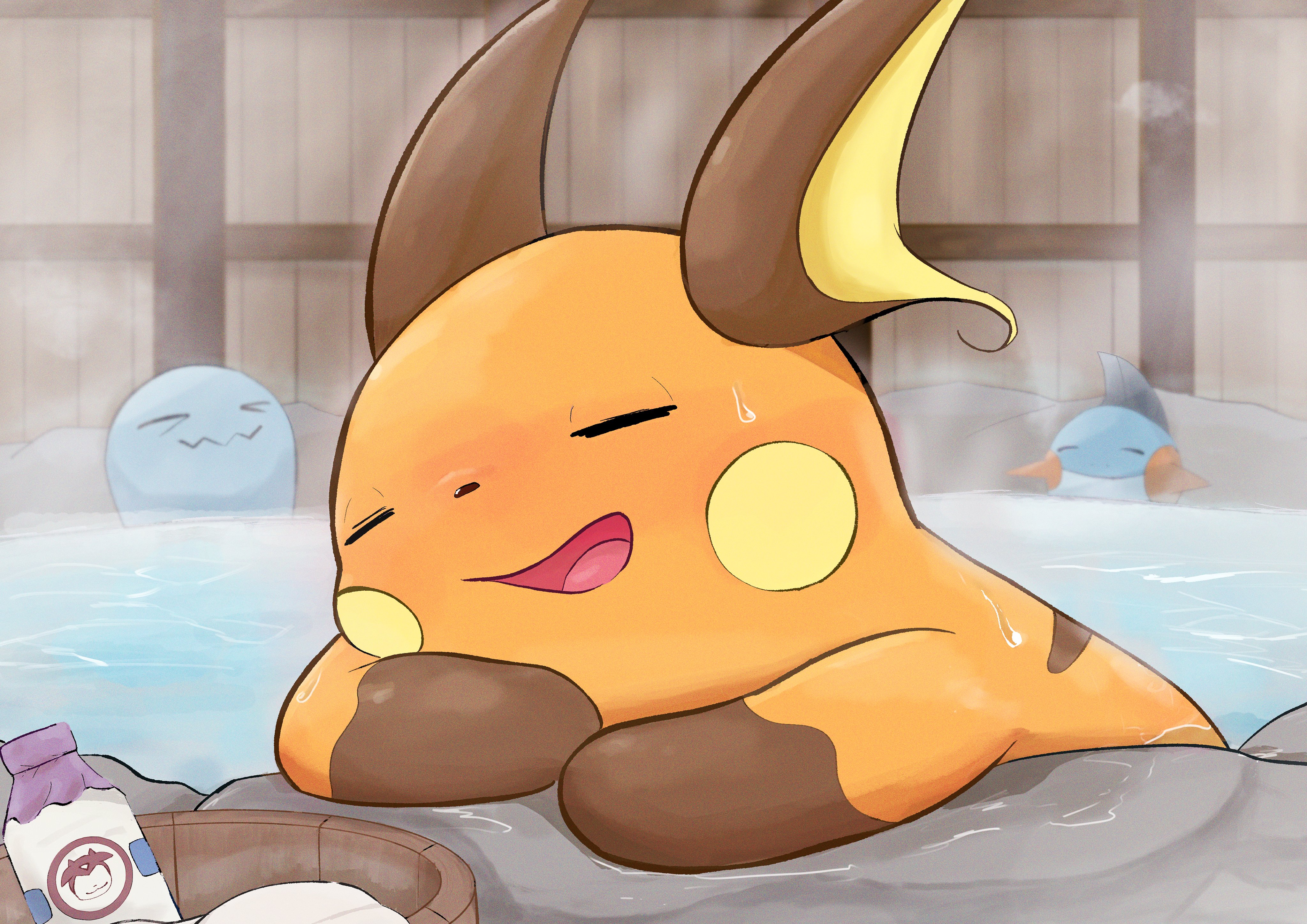 raaaichupudding, marshtomp, raichu, wobbuffet, nintendo, pokemon, absurdres, highres, animal focus, blush, bottle, bucket, closed eyes, closed mouth, gen 1 pokemon, gen 2 pokemon, gen 3 pokemon, milk, milk bottle, no humans, onsen, open mouth, outdoors, pokemon (creature), pokemon focus, smile, steam, sweat, sweatdrop, water