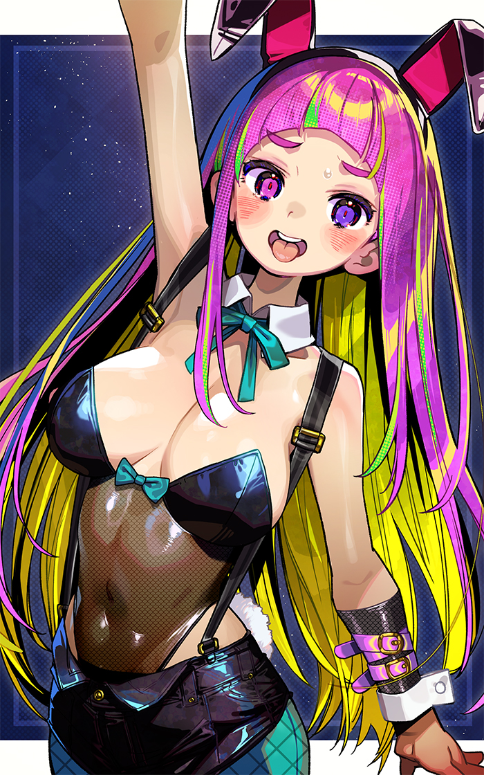 onono imoko, original, commentary request, 1girl, animal ears, aqua pantyhose, aqua ribbon, arm up, armpits, blonde hair, blue hair, breasts, cleavage, covered navel, detached collar, fake animal ears, fishnet pantyhose, fishnets, heterochromia, leotard, long hair, looking at viewer, medium breasts, multicolored hair, open mouth, pantyhose, pink hair, playboy bunny, purple eyes, rabbit ears, ribbon, solo, tongue, tongue out