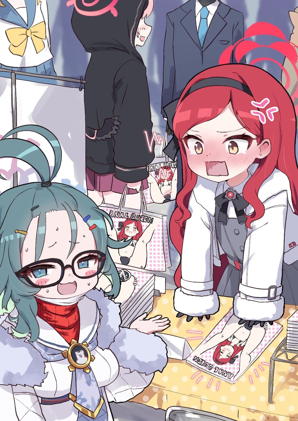 kurosaki kousuke, koharu (blue archive), meru (blue archive), takane (blue archive), blue archive, character request, commentary request, commission, highres, skeb commission, 1boy, 4girls, anger vein, black gloves, blush, breasts, glasses, gloves, halo, hood, manga (object), mask, medium breasts, multiple girls, pornography, red hair, red halo