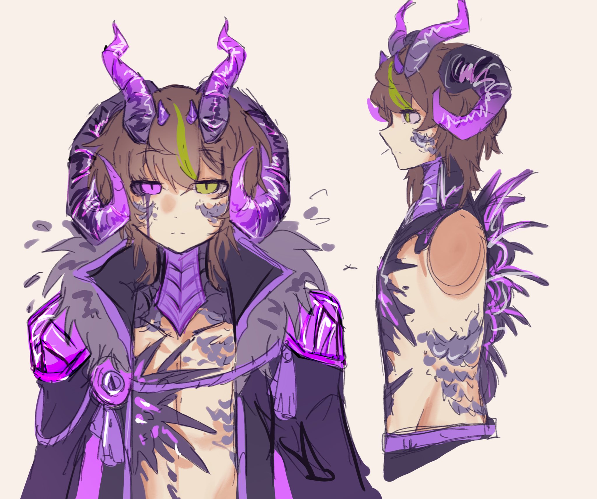 michael28472610, itzsubz, lifesteal smp, minecraft youtube, chinese commentary, commentary request, highres, 1boy, animification, black cape, black sclera, brown hair, cape, colored sclera, dragon boy, dragon horns, fur trim, green eyes, heterochromia, horns, male focus, medium hair, mismatched sclera, multicolored hair, multiple views, purple eyes, scales, scar, simple background, streaked hair, tassel, topless male, white background