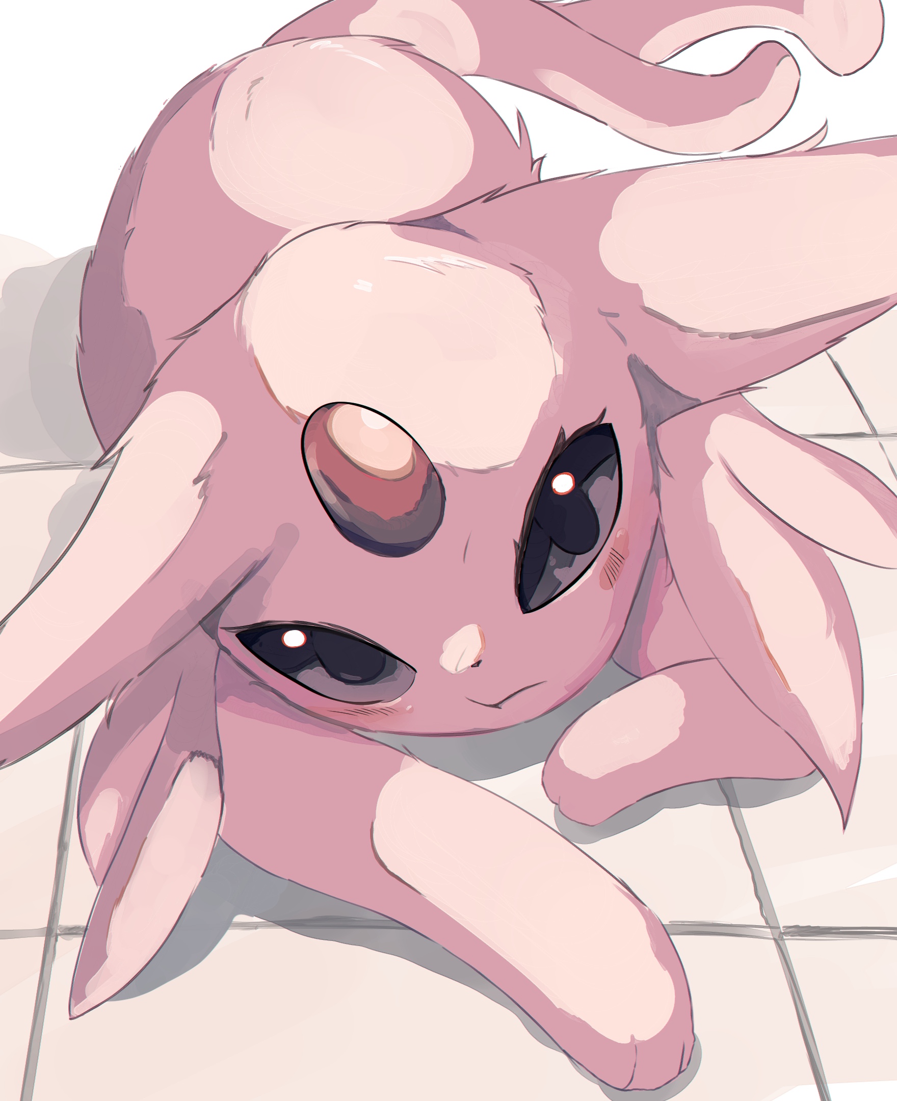 floameya, espeon, nintendo, pokemon, highres, animal focus, blush, closed mouth, colored sclera, floor, forehead jewel, forked tail, full body, gem, gen 2 pokemon, looking at viewer, lying, no humans, on floor, on stomach, pokemon (creature), pokemon focus, purple eyes, purple fur, purple sclera, red gemstone, simple background, tail