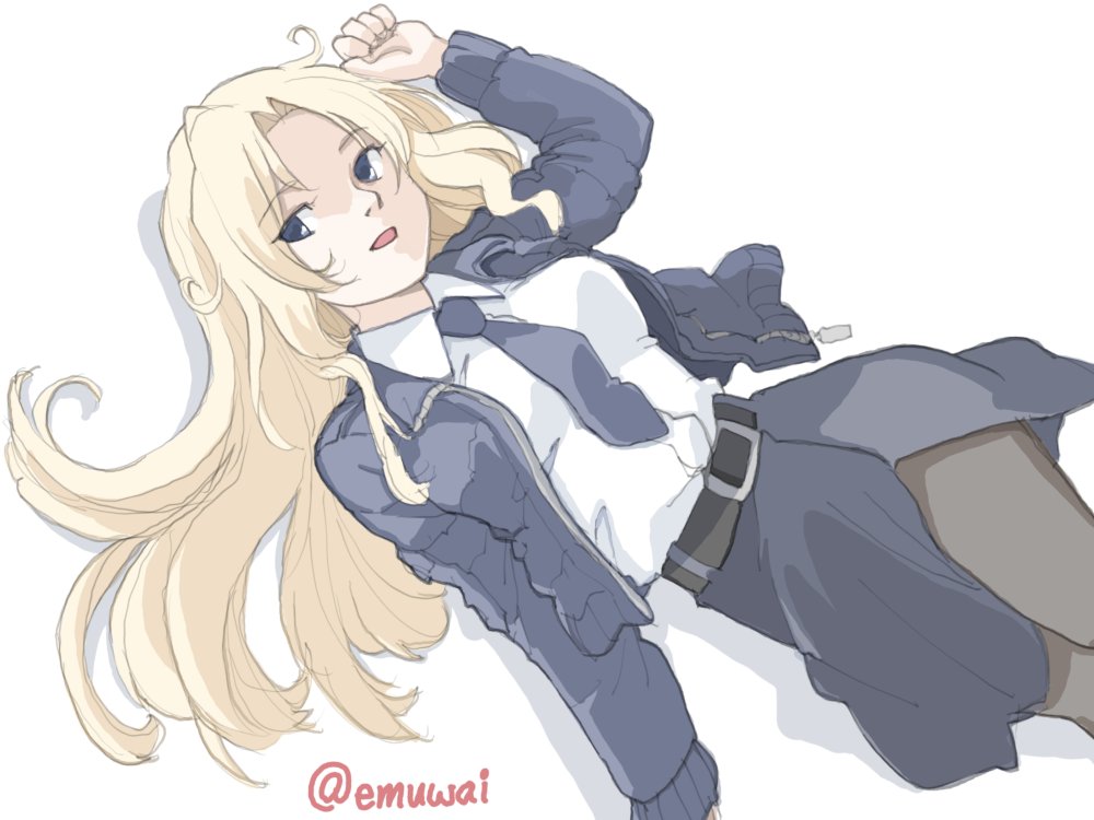 emuwai, hornet (kancolle), kantai collection, 1girl, belt, belt buckle, black belt, black jacket, black necktie, black pantyhose, black skirt, blonde hair, bomber jacket, buckle, collared shirt, cowboy shot, dress shirt, grey eyes, jacket, long hair, lying, necktie, one-hour drawing challenge, pantyhose, pencil skirt, shirt, skirt, solo, twitter username, white shirt