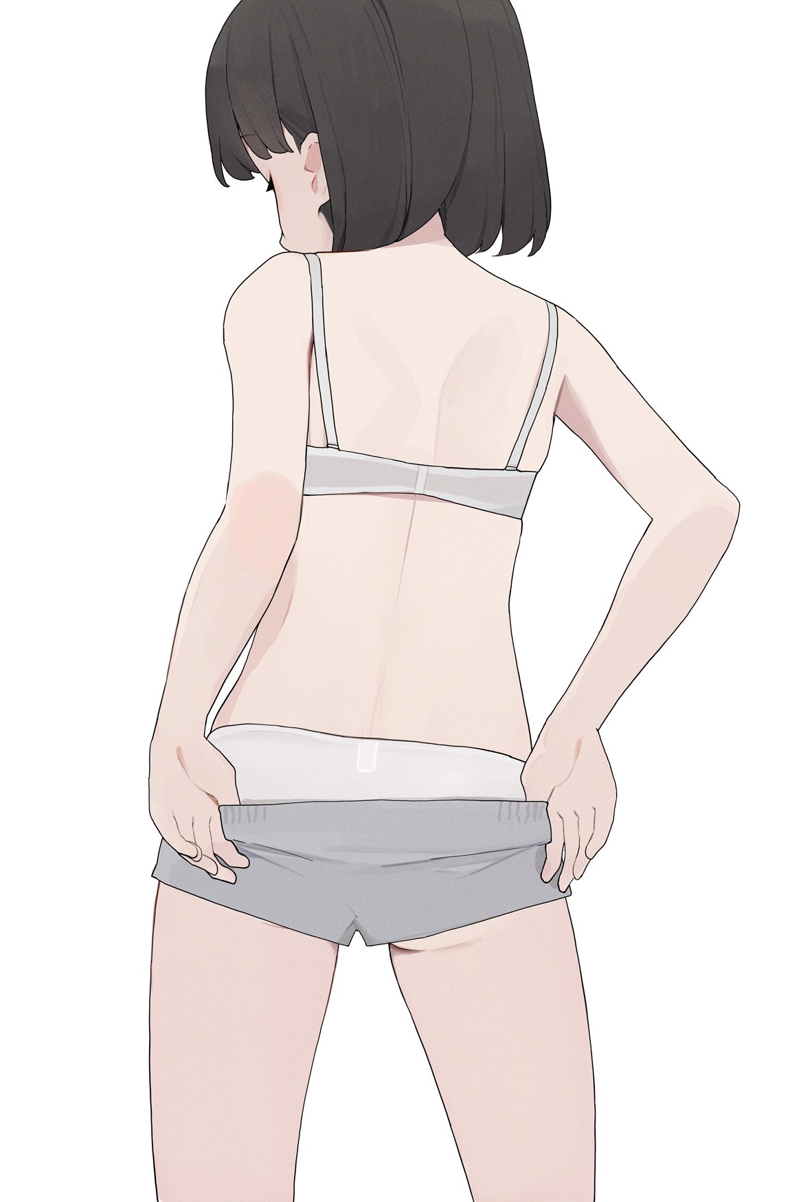 hiroki (yyqw7151), original, highres, 1girl, black hair, bra, from behind, grey shorts, panties, panties under shorts, short hair, shorts, simple background, solo, underwear, underwear only, white background, white bra, white panties