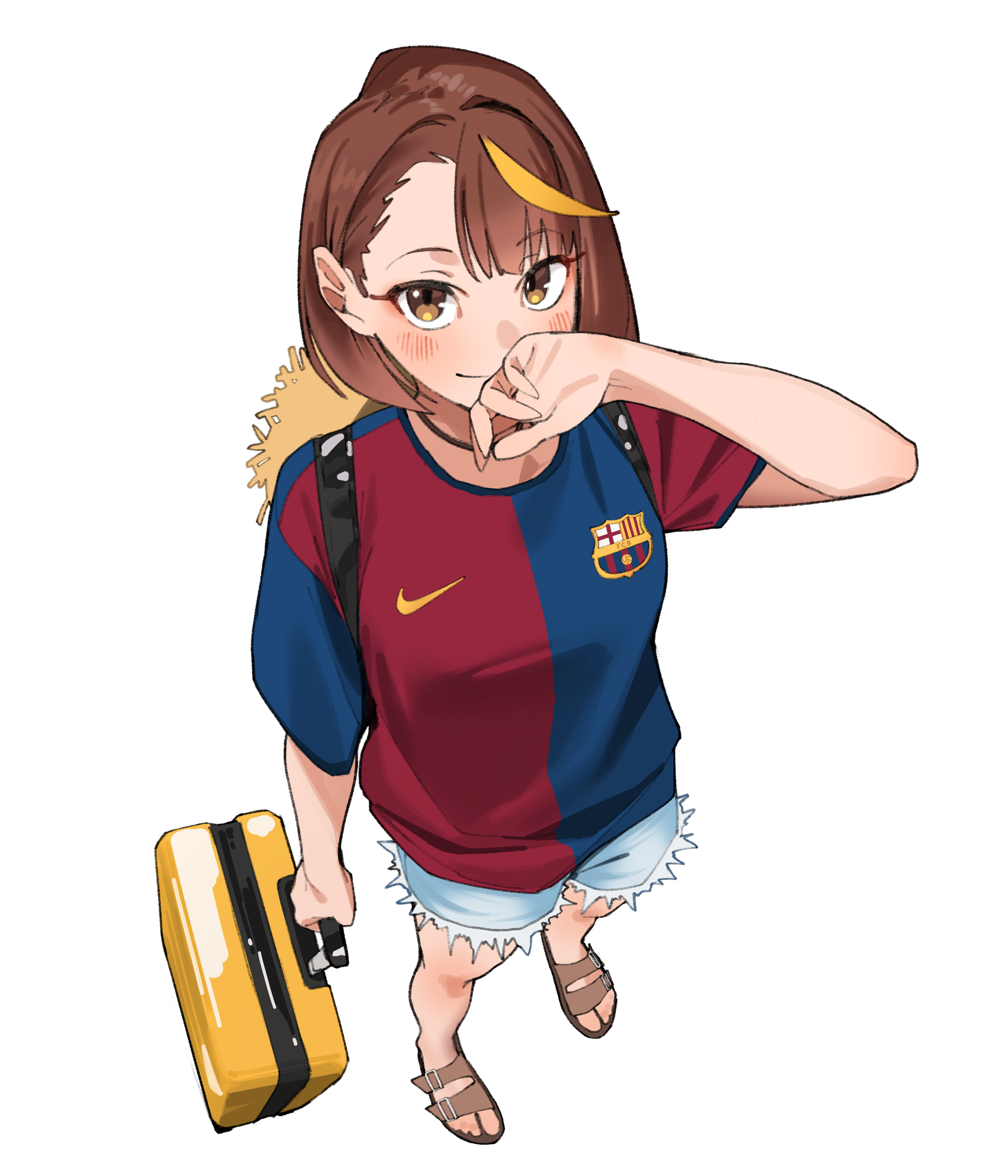 lewdrawings, fc barcelona, original, absurdres, commentary request, highres, mixed-language commentary, 1girl, ahoge, asymmetrical bangs, backpack, bag, blush, breasts, brown eyes, brown hair, closed mouth, from above, full body, hat, looking at viewer, nashi (lewdrawings), no socks, sandals, shirt, shorts, simple background, small breasts, smile, straw hat, suitcase, t-shirt, white background