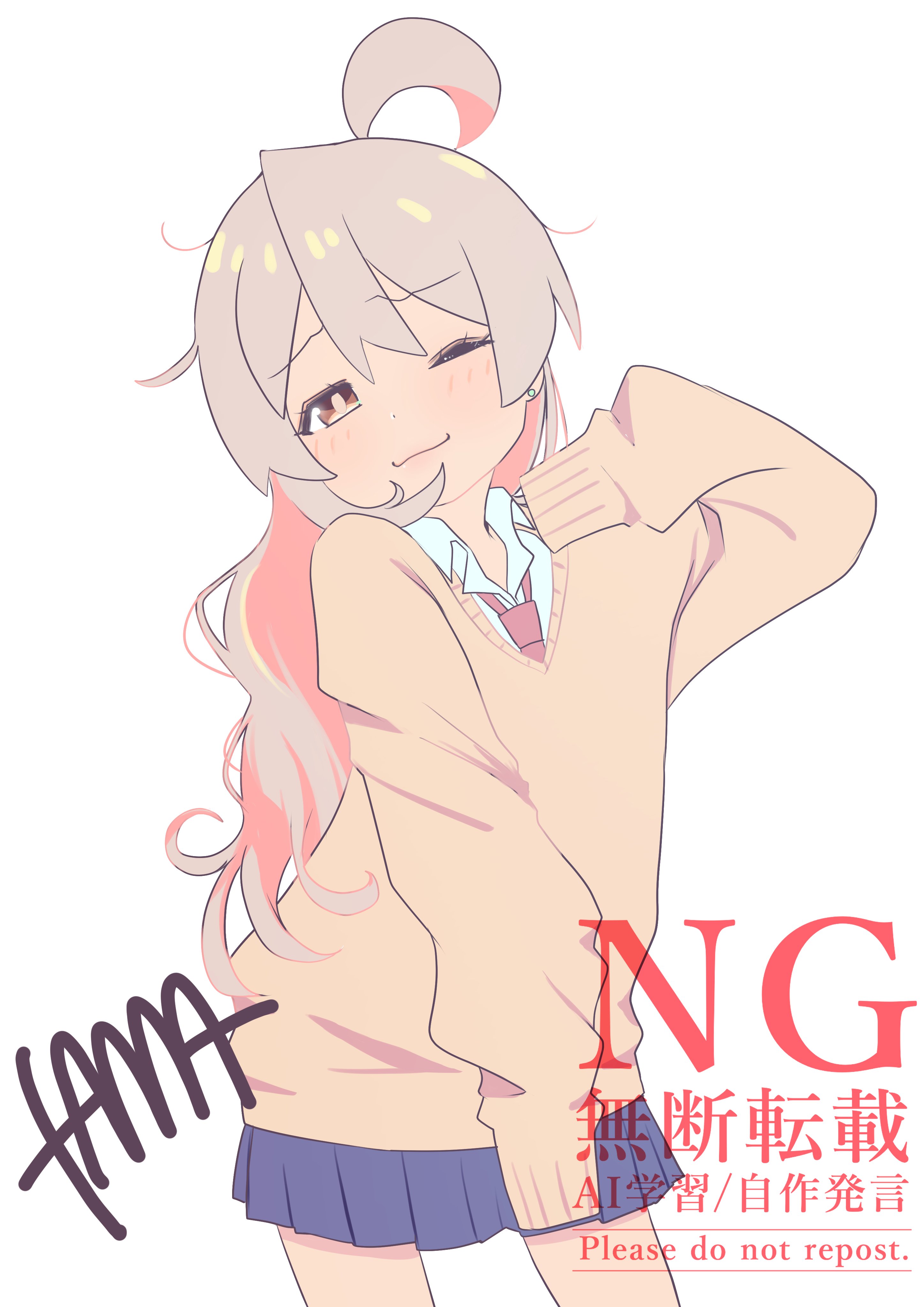 tama go, oyama mahiro, onii-chan wa oshimai!, absurdres, commentary, highres, 1girl, ;), ahoge, artist name, blue skirt, brown eyes, colored inner hair, cowboy shot, dot nose, earrings, grey hair, gyaru, jewelry, light blush, long hair, long sleeves, looking at viewer, miniskirt, multicolored hair, one eye closed, pink hair, shirt, simple background, skirt, sleeves past fingers, sleeves past wrists, smile, solo, stud earrings, two-tone hair, watermark, white background, white shirt, wing collar