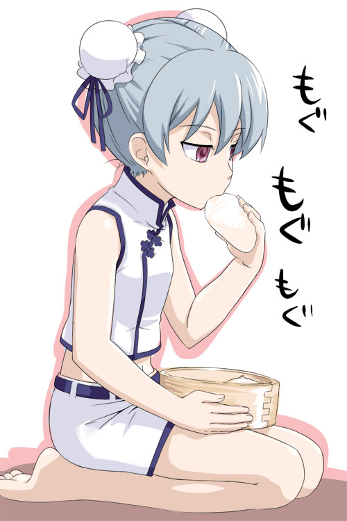 youkan, yin (darker than black), darker than black, 00s, 1girl, androgynous, bamboo steamer, barefoot, chinese clothes, double bun, dumpling, eating, female focus, flat chest, food, hair bun, kneeling, reverse trap, solo, steamed bun