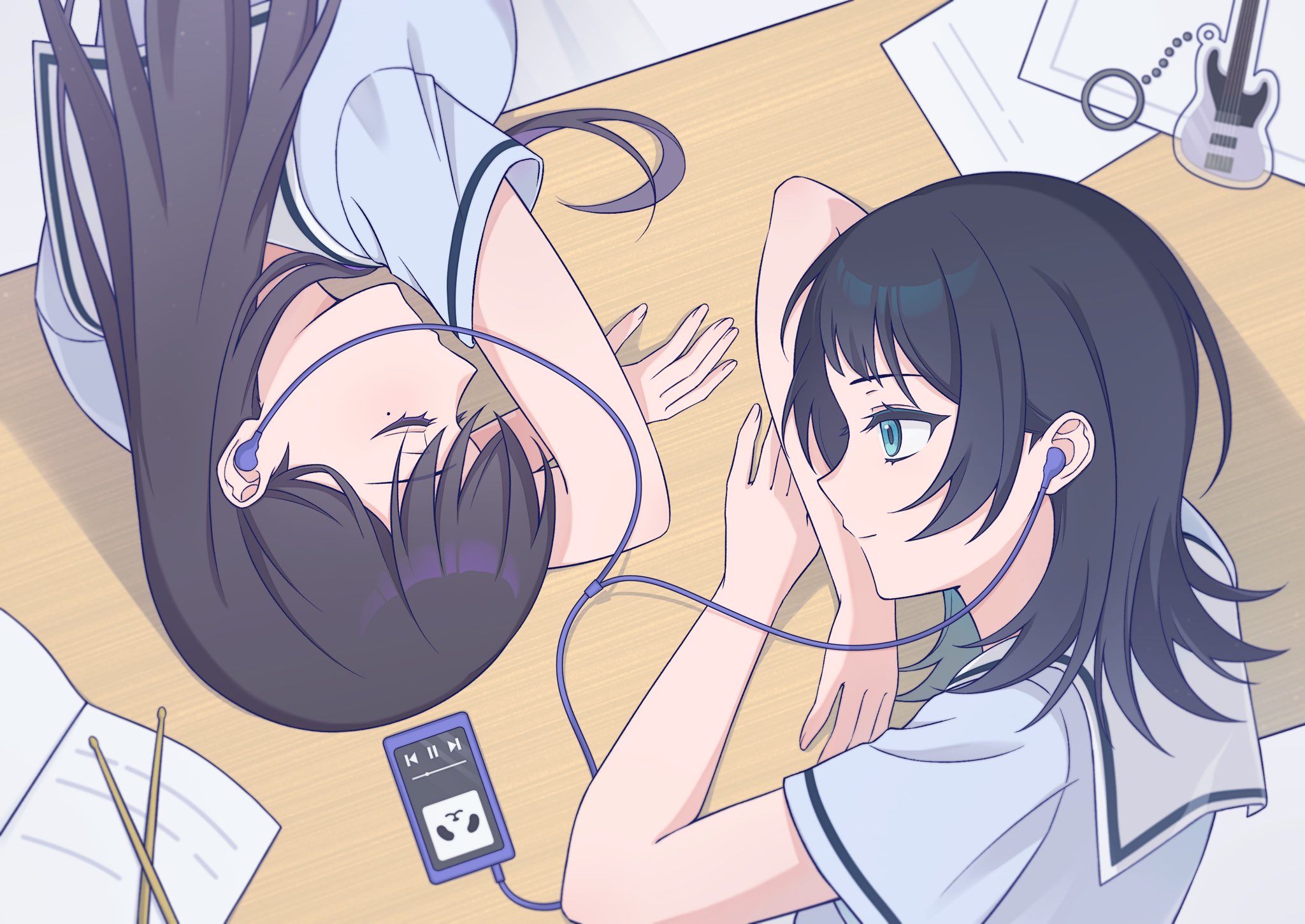 zizoumiao, shiina taki, yahata umiri, bang dream!, bang dream! it's mygo!!!!!, commentary, hashtag-only commentary, highres, 2girls, black hair, blue eyes, blue shirt, closed mouth, drumsticks, earphones, hanasakigawa school uniform, long hair, medium hair, mole, mole under eye, multiple girls, school uniform, shared earphones, shirt, short hair, sleeping