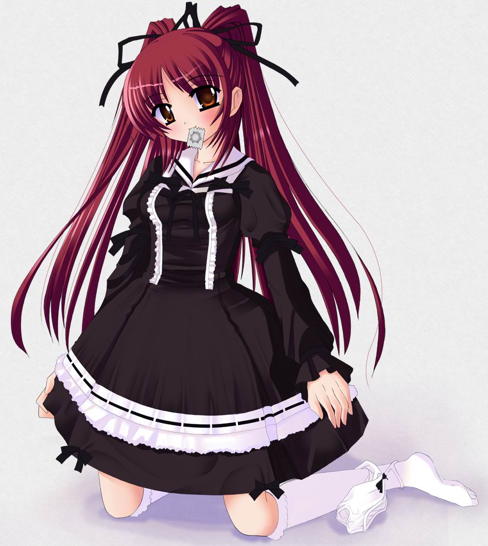 1girl, blush, brown eyes, condom, condom in mouth, condom wrapper, female focus, gothic lolita, hair ribbon, kneehighs, kneeling, lolita fashion, long hair, mouth hold, panties, red hair, ribbon, school uniform, serafuku, socks, solo, underwear, undressing