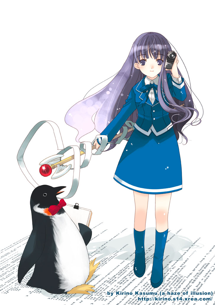 kirino kasumu, daidouji tomoyo, cardcaptor sakura, 1990s (style), 1girl, artist name, bird, bow, bowtie, camcorder, camera, child, female focus, long hair, looking at viewer, penguin, retro artstyle, school uniform, serafuku, smile, solo, staff, tomoeda middle school uniform, video camera, watermark, web address